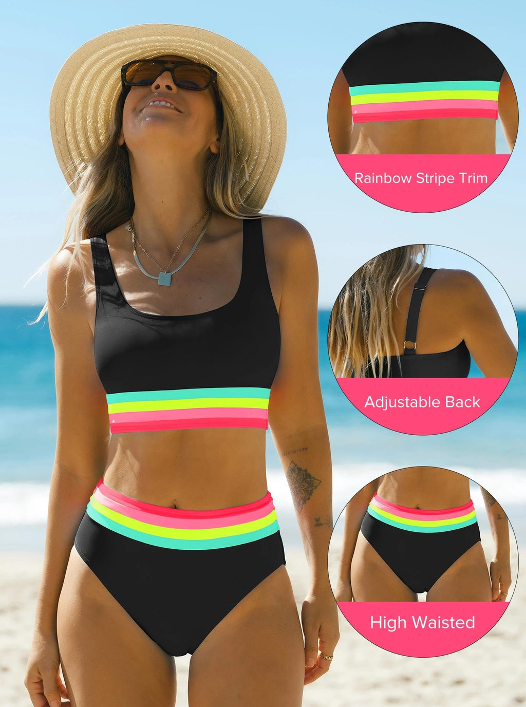 popvil Womens High Waisted Bikini Sets Two Piece Neon Tummy Control Swimsuit 2026 Sporty Rainbow Bathing Suit Young Women Beach Summer Black