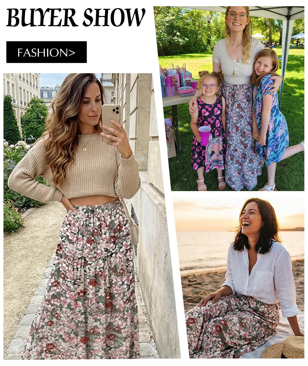 EARKOHA Trendy Lightweight Drawstring Tiered Ruffles Paisley Hippie Plus Size Bohemian Long Maxi Skirt with Deep Pockets for Office Music Festival Travel Picnic Dating Fall Outfits White Floral M