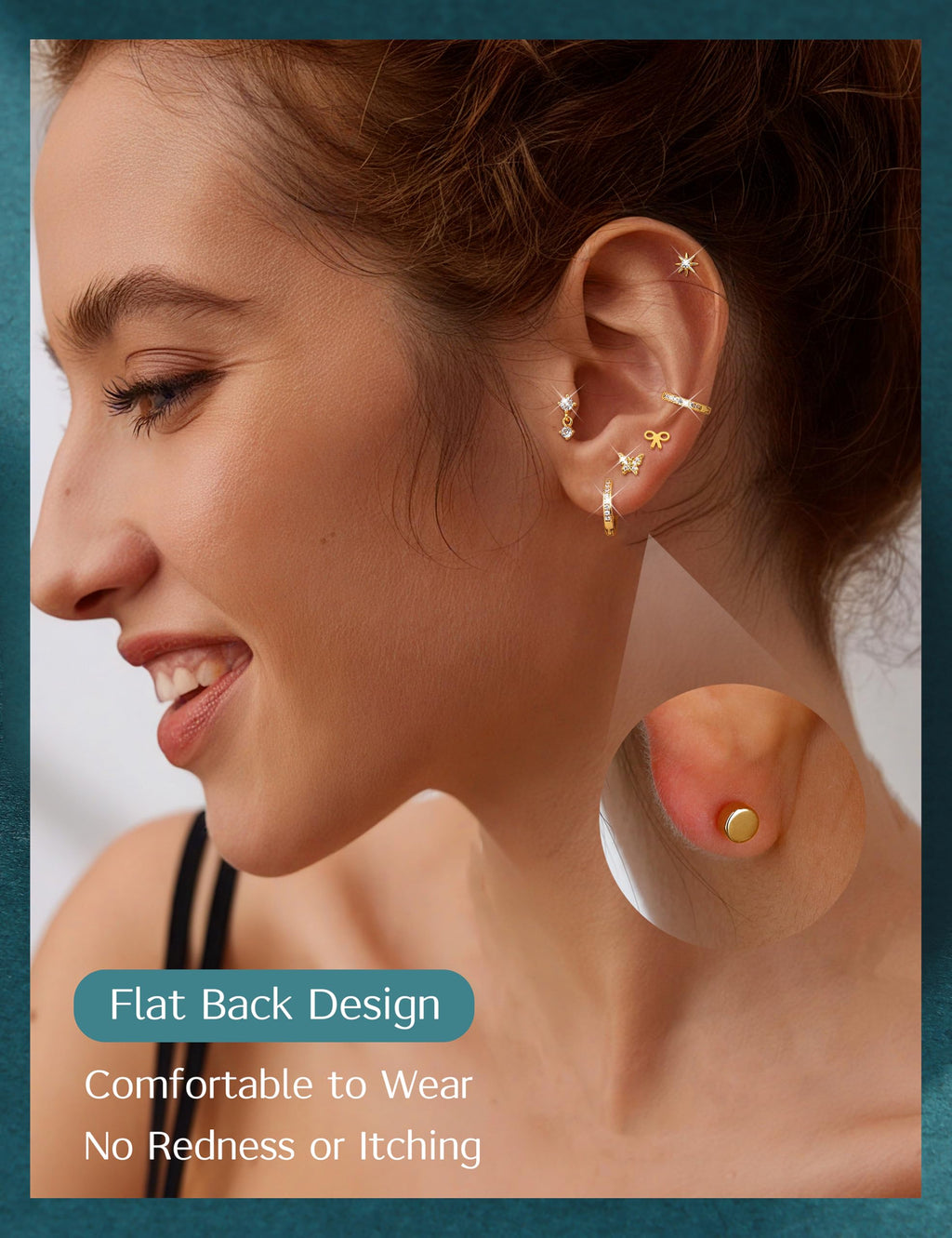 LOLIAS 14K Gold Plated Flat Back Earrings - Hypoallergenic Surgical Stainless Steel Stud Hoop Earrings for Women Girls Kids Cute Stud Earring Set Small Huggie Hoops Cartilage Earring Stacks