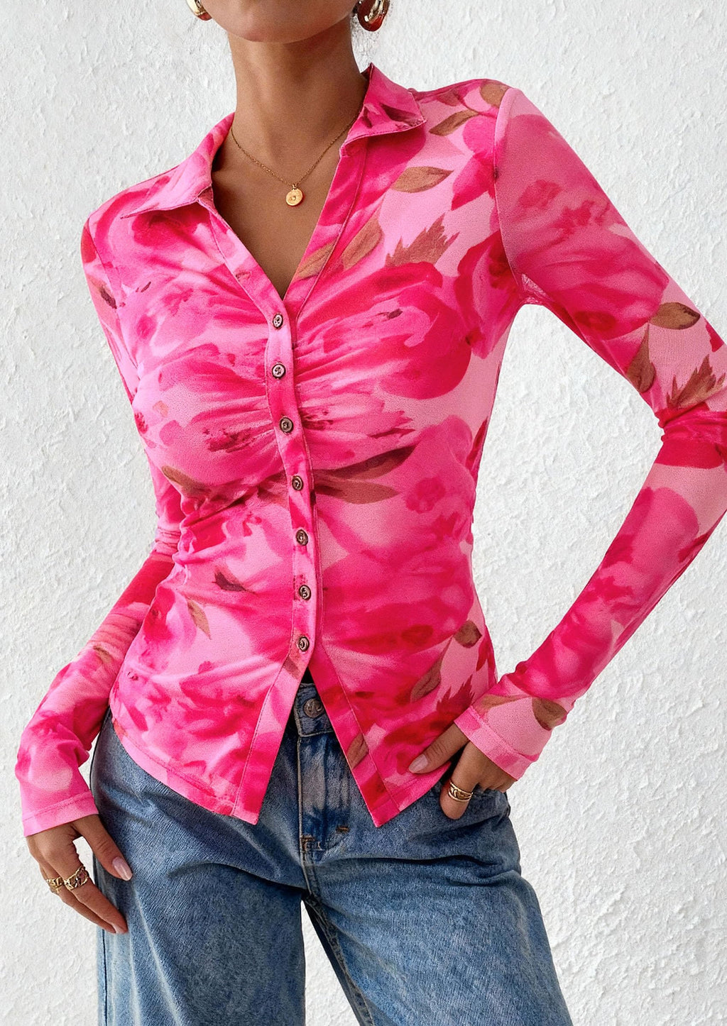 PRETTYGARDEN Women Button Down Floral Shirts 2026 Fall Trendy Long Sleeve V Neck Mesh Boho Blouse Spring Tops Date Outfits (Floral Pink,Large)