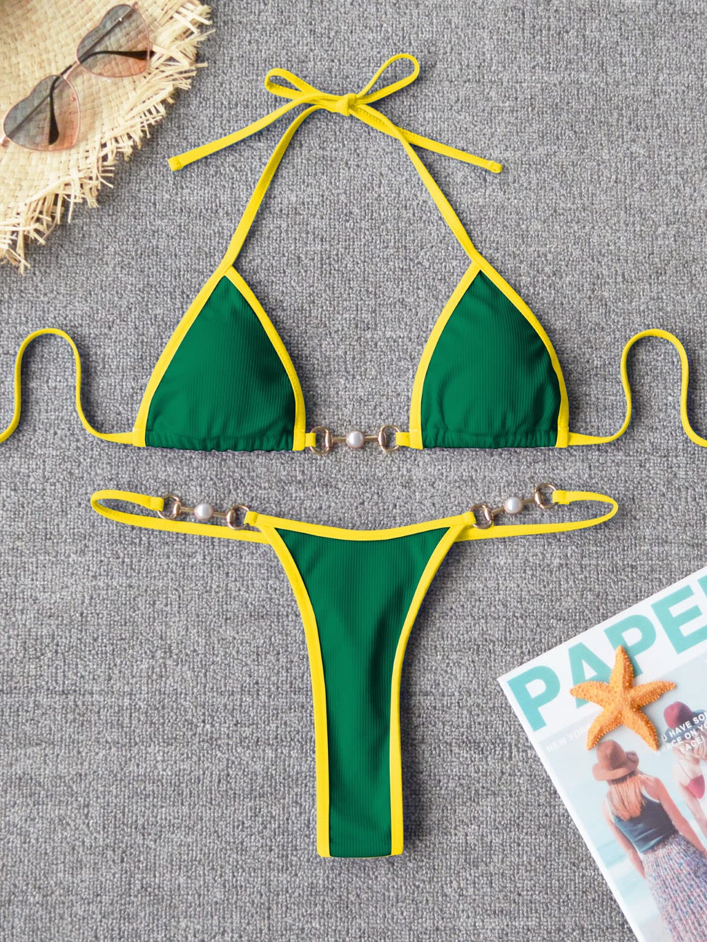 TASHEHE Women's Triangle Thong Bikini Set Sexy Brazillian Two Piece Swimsuit String Bathing Suit - Green - Small