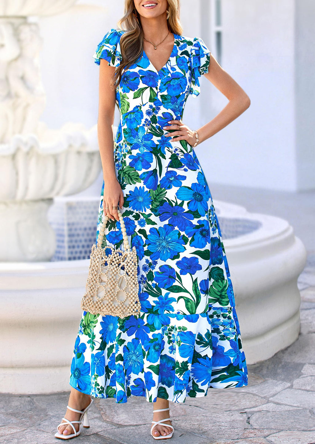 PRETTYGARDEN Spring Dresses for Women 2026 Summer Boho Floral Ruffle Short Sleeve Flowy Beach Wedding Guest Maxi Long Dress(Floral Blue,Large)