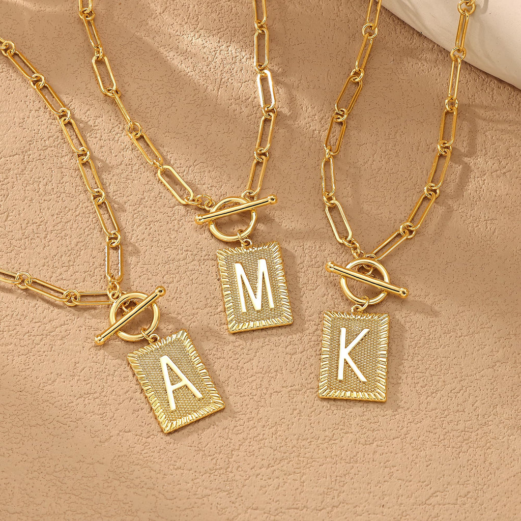 Tewiky Gold Initial Necklaces for Women, Toggle Clasp Square Letter Pendant Necklace Trendy 14K Gold Plated Dainty Paperclip Chain Necklaces for Women Jewelry Gifts