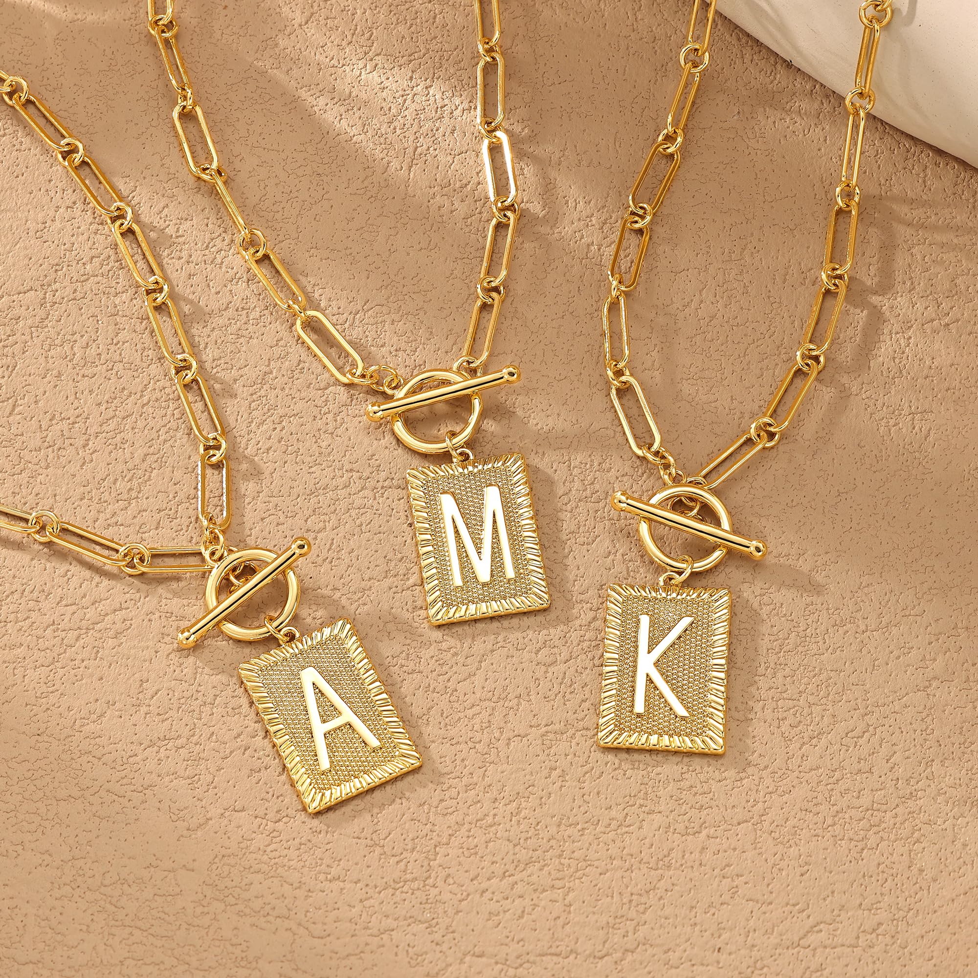 Tewiky Gold Initial Necklaces for Women, Toggle Clasp Square Letter Pendant Necklace Trendy 14K Gold Plated Dainty Paperclip Chain Necklaces for Women Jewelry Gifts