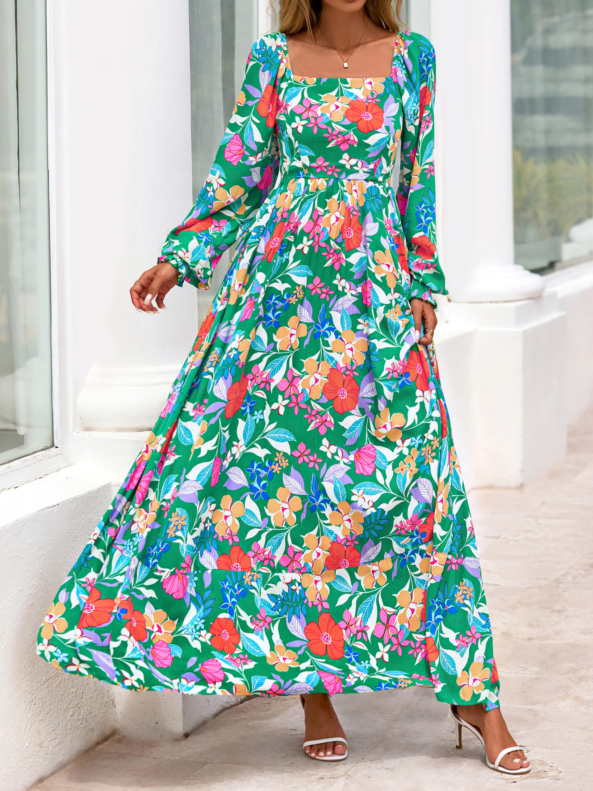 PRETTYGARDEN Women Floral Maxi Dresses 2026 Spring Long Sleeve Square Neck Boho A Line Wedding Guest Casual Flowy Long Dress(Green Floral,X-Large)