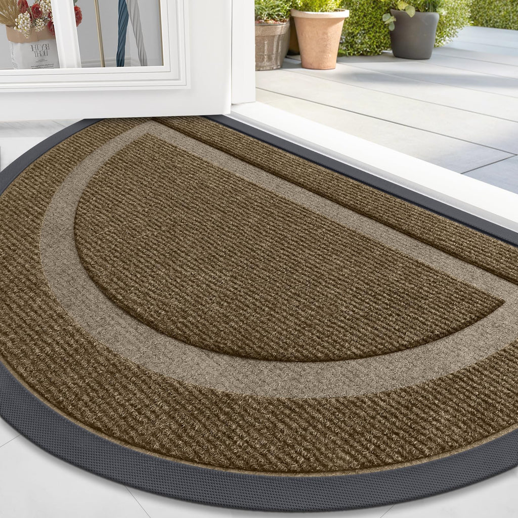 OLANLY Half Circle Door Mat Indoor Outdoor Entrance Welcome, Waterproof All-Season, All-Weather Doormat, Sturdy Natural Rubber, Low Profile, Easy Clean Patio Porch Entryway Mat, 47x32, Brown