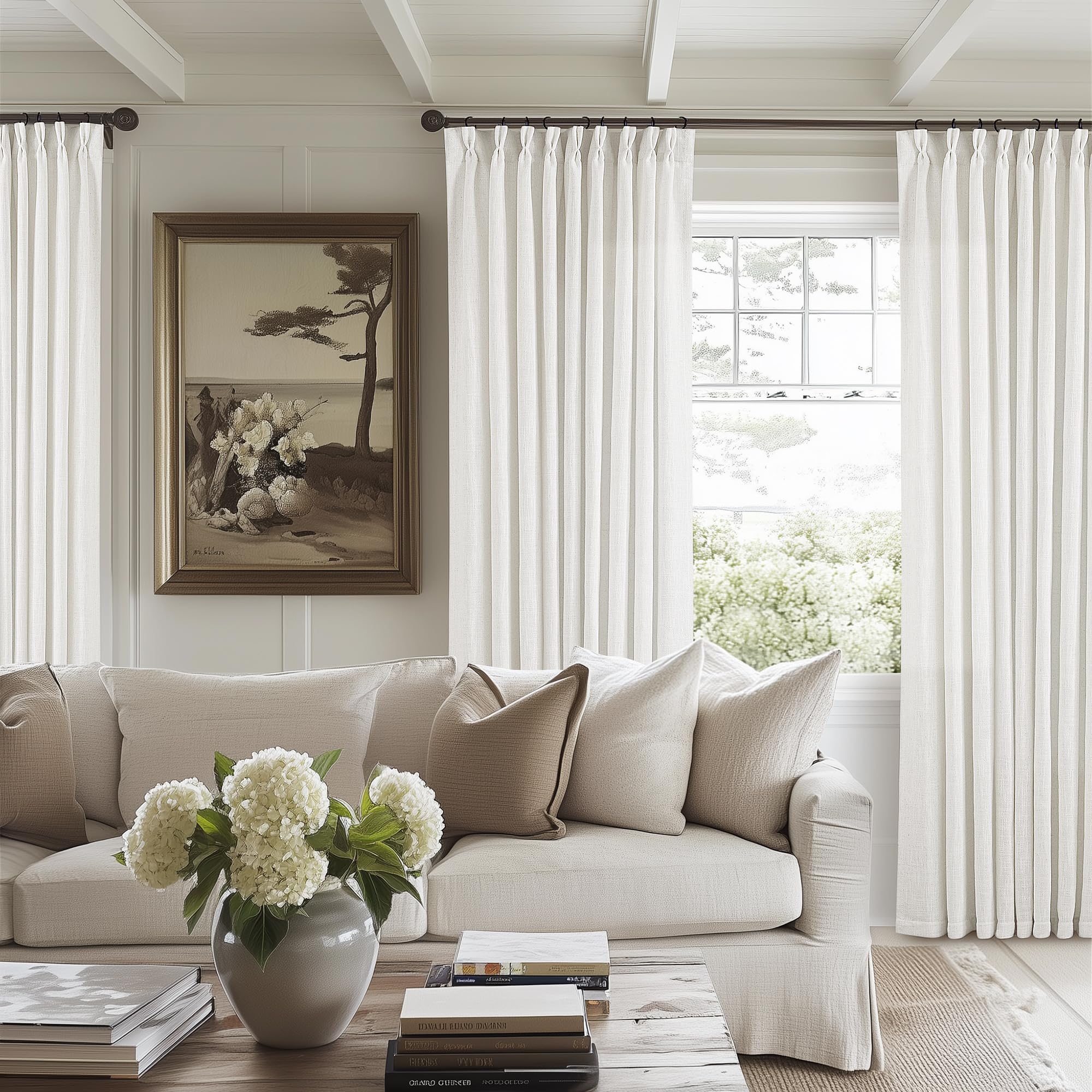 Pinch Pleated Linen 120 Inch Curtains 60 Inch Width for Living Room Light Filtering Ivory Beige White Extra Wide Patio Curtains for Sliding Door Balcony Floor Ceiling Picture Window 60x120 1 Panel