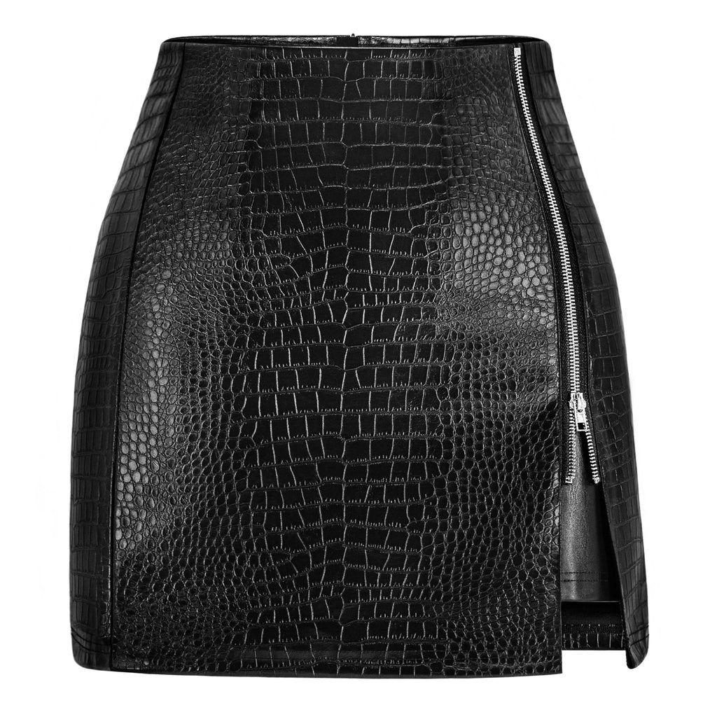 FLUFFY SENSE. Women's Leather Mini Skirt –Stretchy High Waisted Zipper Slit Faux Pleather Bodycon Short Pencil Skirt (US, Alpha, Large, Regular, Regular, Black Croc-Embossed)
