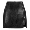 FLUFFY SENSE. Women's Leather Mini Skirt –Stretchy High Waisted Zipper Slit Faux Pleather Bodycon Short Pencil Skirt (US, Alpha, Large, Regular, Regular, Black Croc-Embossed)