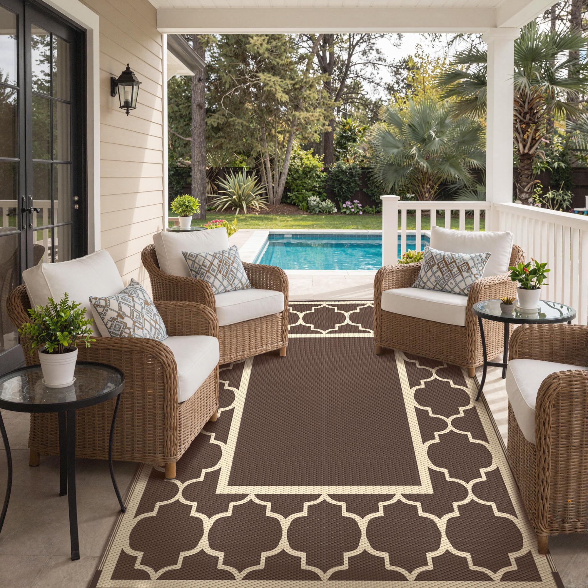 GENIMO 9' x 12' Outdoor Rug Waterproof for Patio Decor, Foldable Reversible Plastic Straw Area Rugs Mat for Camper, Outside Carpet for Rv, Deck, Porch, Picnic, Beach, Balcony, Coffee & Beige