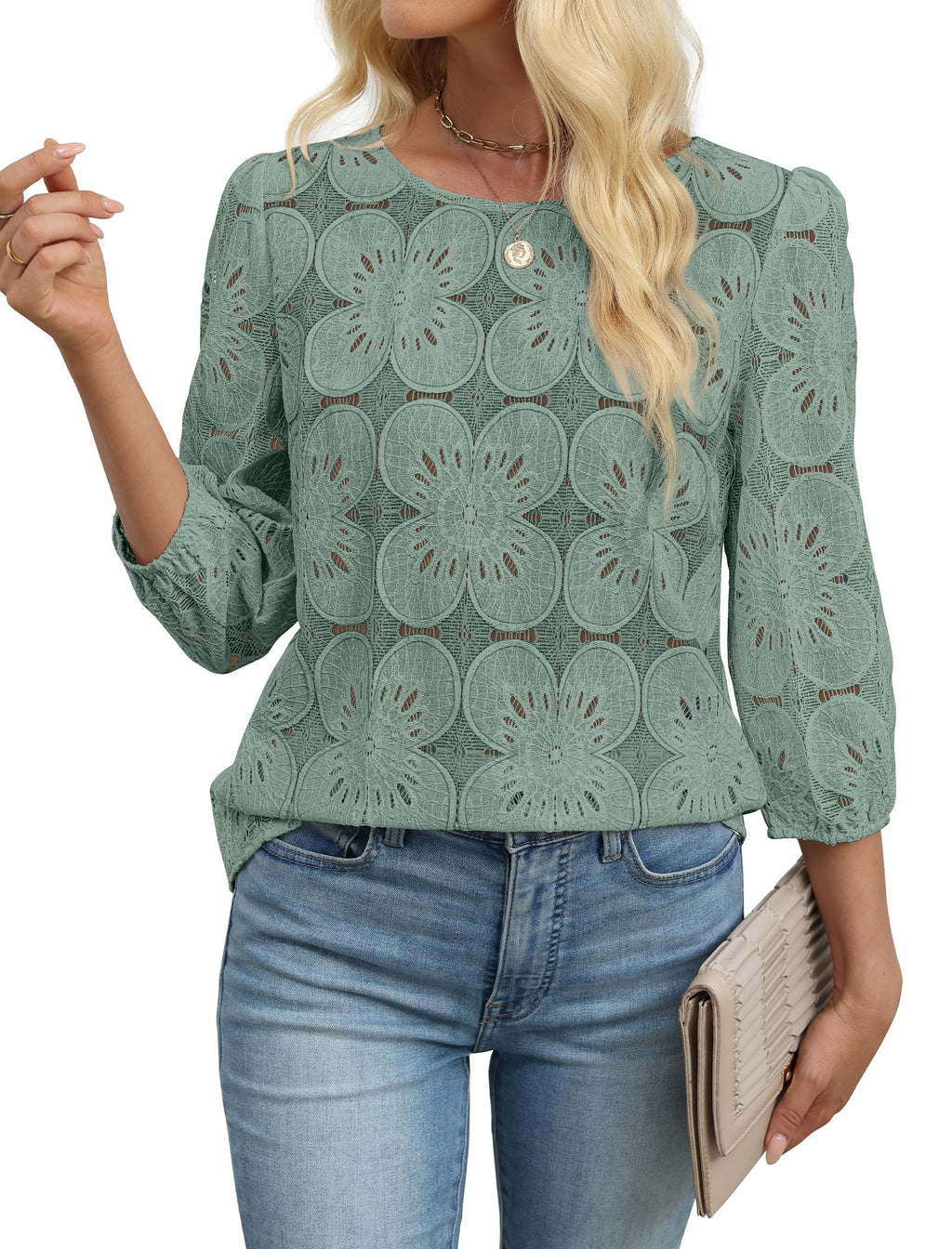 Sampeel Spring Tops for Women Trendy 2026 Summer Vacation Outfits Business Casual Work Tops 3/4 Sleeve T Shirts Comfy Tshirts Shirts Cute Fashion Clothing Green XL