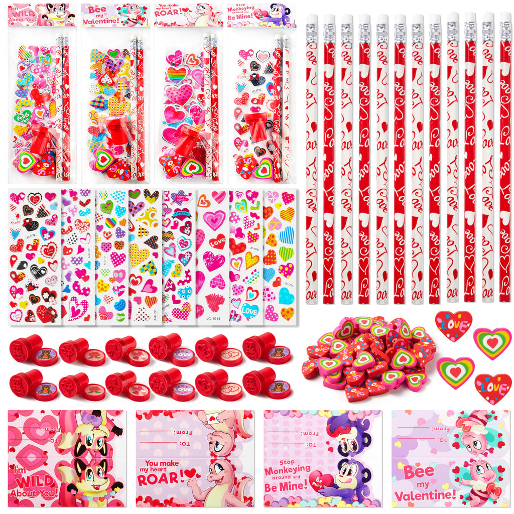 JOYIN 36 Packs Valentine Stationery Kids Gift Set, Classroom Exchange Party Favor for Holiday Reward Prizes - Includes Pencils, Erasers, Stamper, Stickers