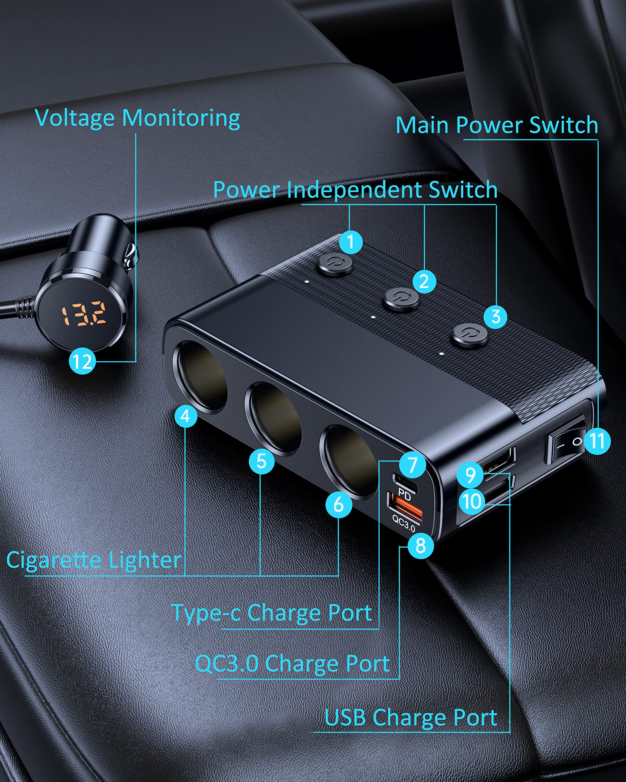 LIHAN 7-1 Cigarette Lighter Splitter,12V/24V Car Charger Adapter with 3 Socket Expander,PD30W Type-C,QC3.0 & Dual USB Ports,Independent Switches,Voltage Display,3.3FT Extension Cord fit Truck RV SUV