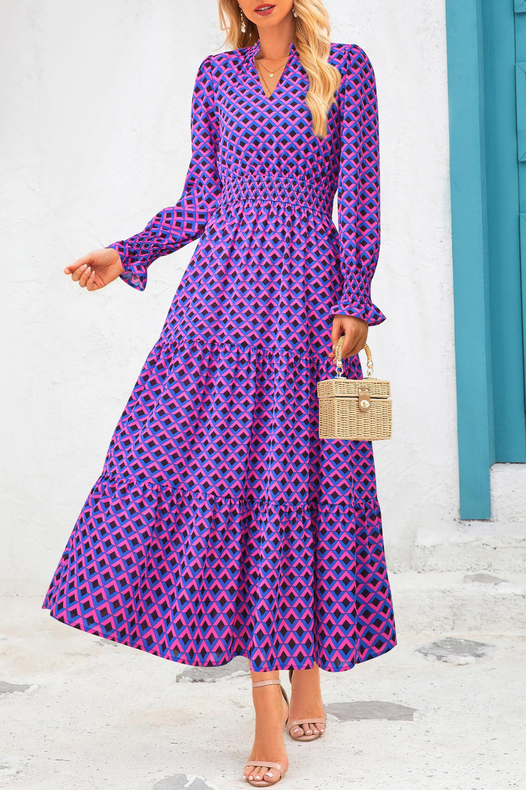 PRETTYGARDEN Women's Floral Maxi Dress 2026 Fall Long Sleeve V Neck A Line Long Flowy Spring Party Boho Dresses (Plaid Blue Pink,Large)
