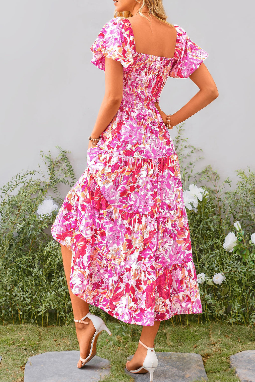 PRETTYGARDEN Women's Casual Summer Midi Dress Puffy Short Sleeve Square Neck Smocked Tiered Ruffle Dresses (Floral Rose Red,Large)