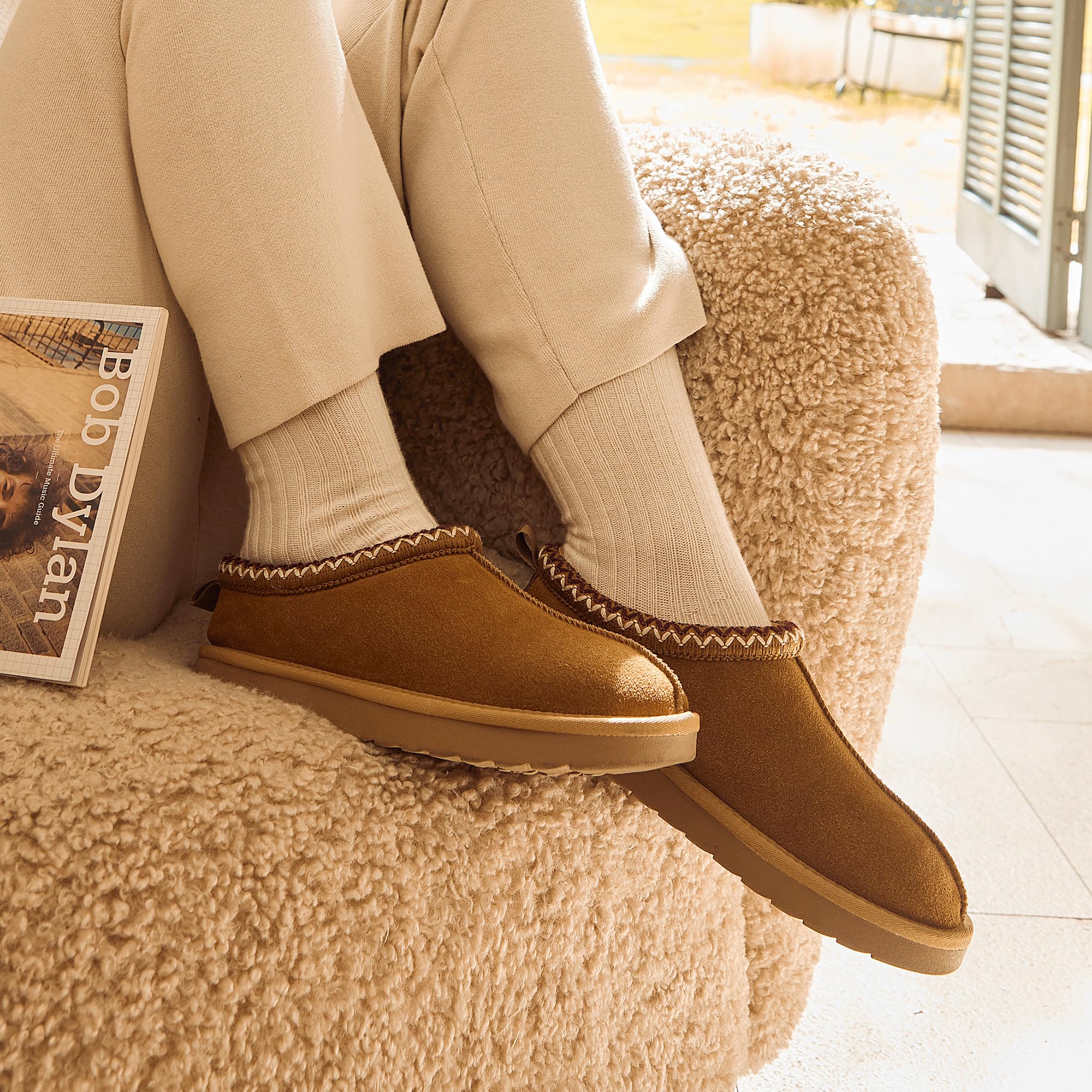 DREAM PAIRS Women's Fuzzy Cozy Slippers Genuine Suede Indoor Outdoor Fluffy Home Comfy Winter Slip On Cute Warm Memory Foam Furry Shoes FuzzyEasy,Size 9,Chestnut,SDSL2412W
