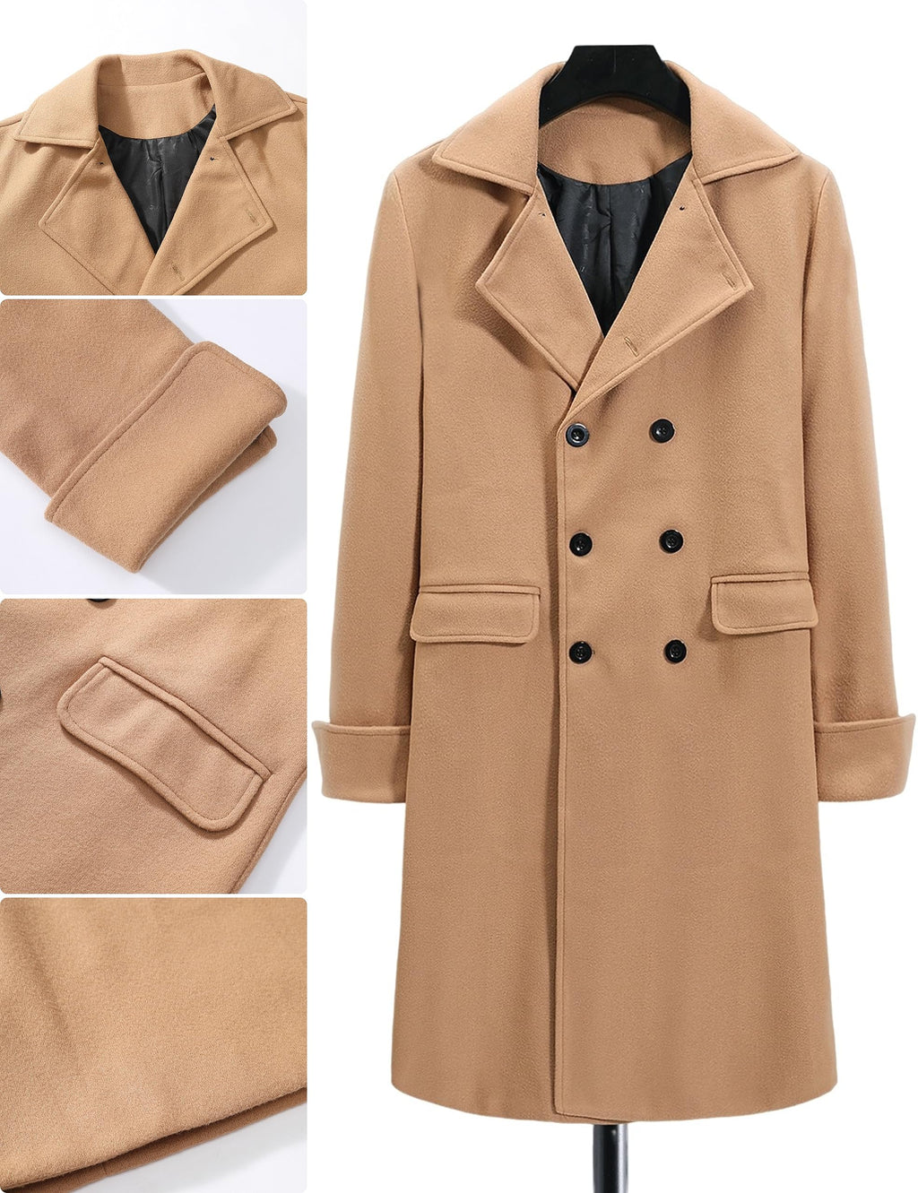 Springrain Men's Pea Coat Double Breasted Overcoat Lapel Coat Classic Long Trench Coat(Camel-S)