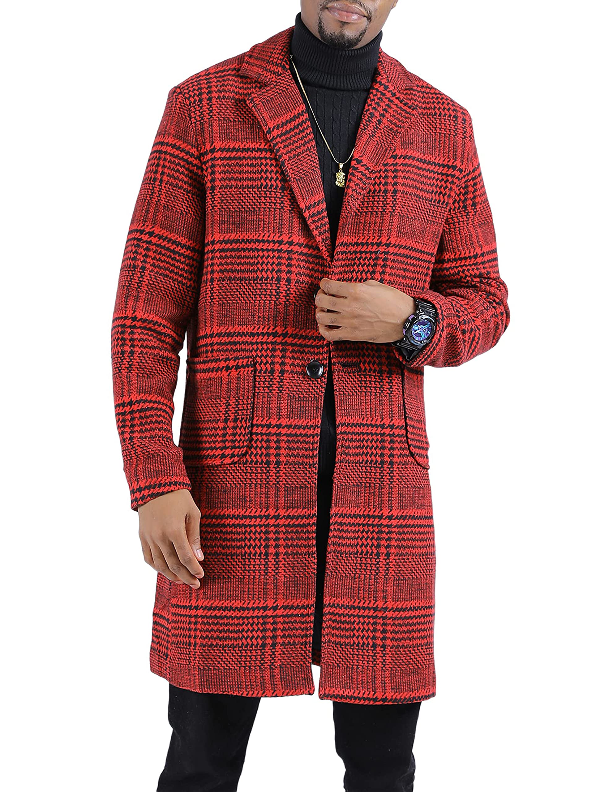 Springrain Men's Wool Blend Pea Coat Notched Collar Single Breasted Overcoat Warm Winter Trench Coat(WineRed-S)
