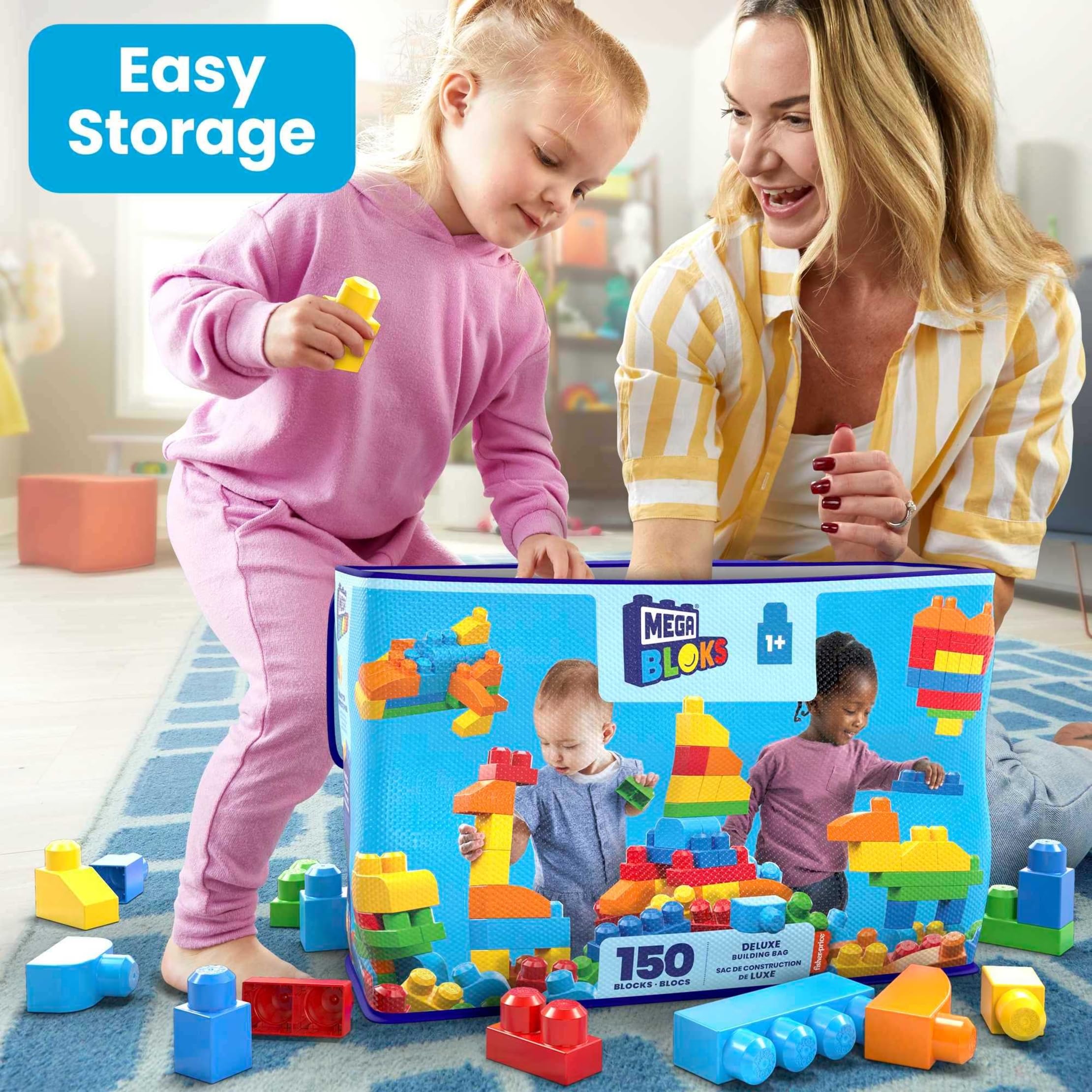 MEGA BLOKS First Builders Toddler Blocks Toys Set, Deluxe Building Bag with 150 Pieces and Storage, Creative Open-Ended Play, Blue, Ages 1+ Years (Amazon Exclusive)