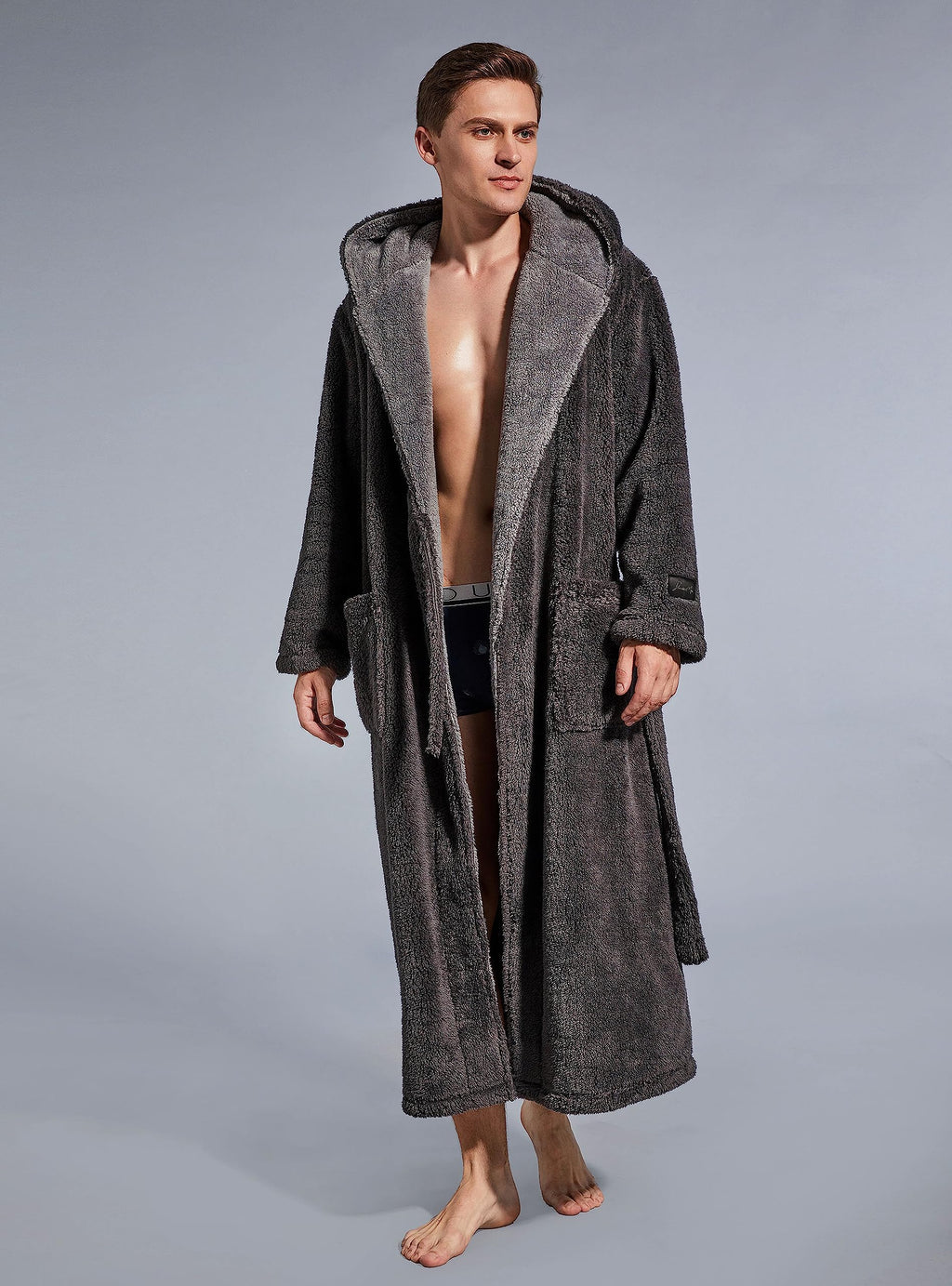 SlumberMee Mens Fleece Plush Robe with Hood Ultra Soft Fluffy Full Length Long with Pockets Luxurious House Coat (Dark Grey, L)