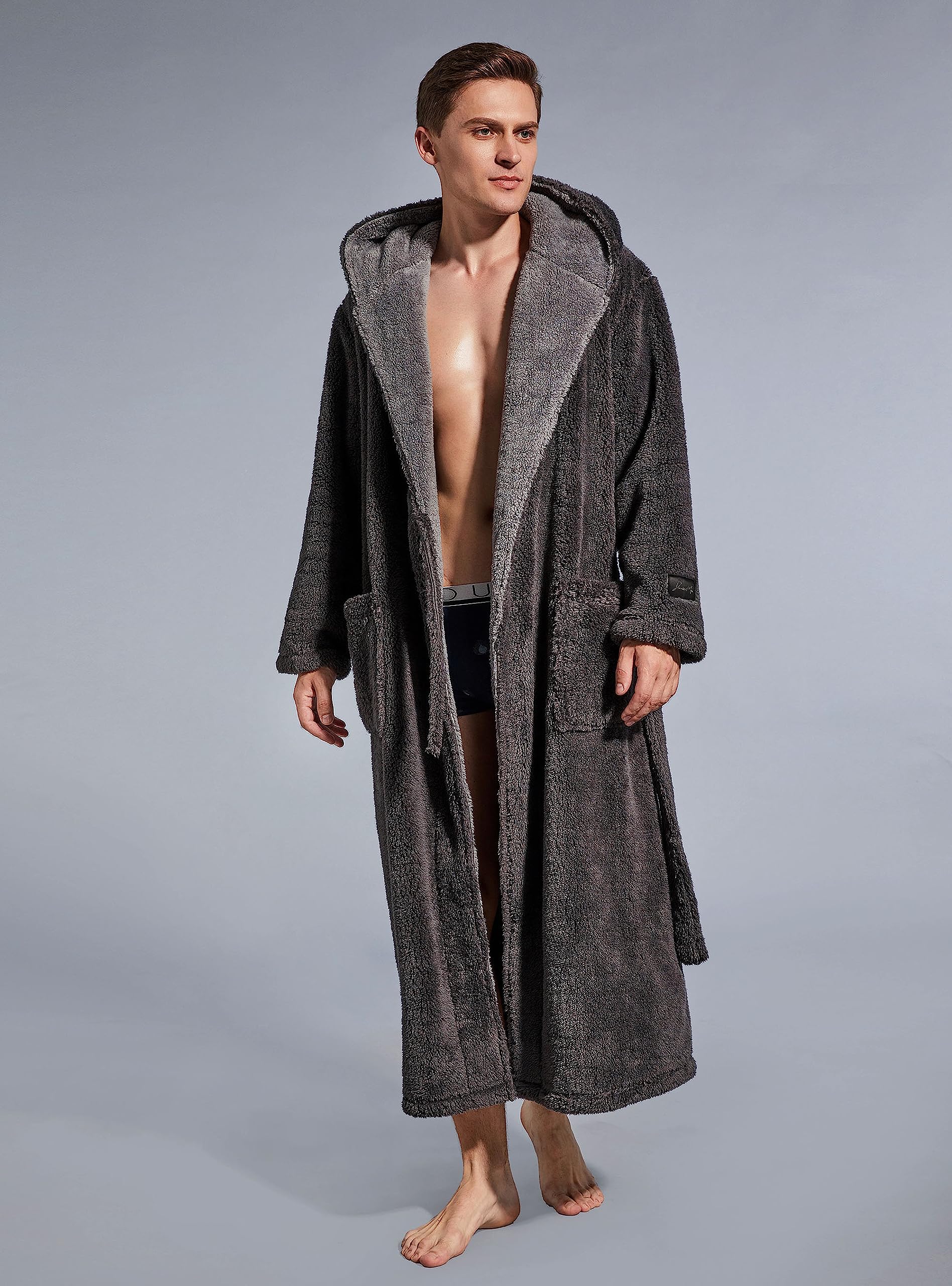 SlumberMee Mens Fleece Plush Robe with Hood Ultra Soft Fluffy Full Length Long with Pockets Luxurious House Coat (Dark Grey, L)