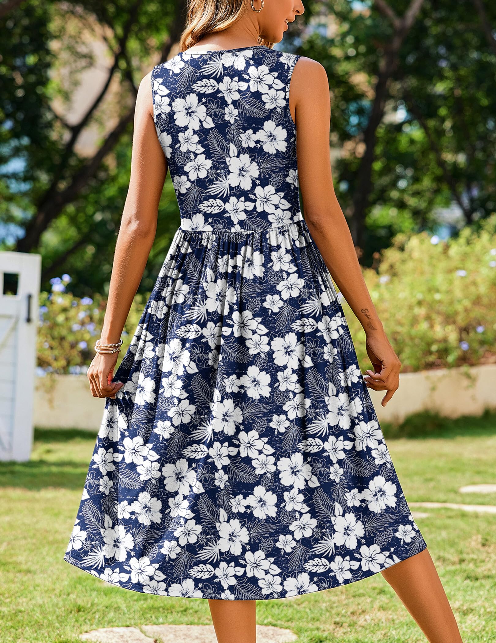 Zeagoo Midi Dresses for Women Summer Floral Aline Flowy Swing Tshirt Sundress Casual Crewneck Tiered Sleeveless Petite Tank Dress with Pockets
