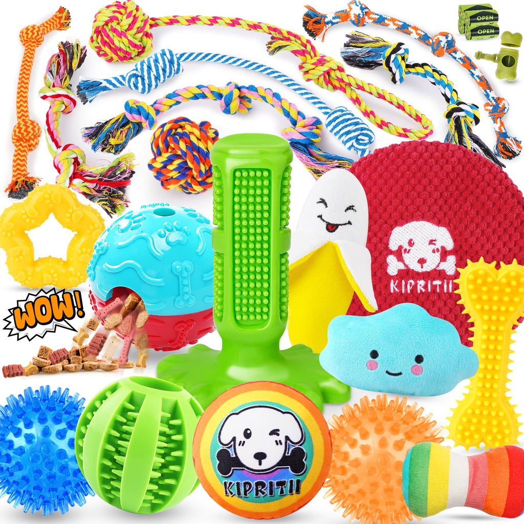 KIPRITII 25 Pack Various Dog Toys Set – Ideal for Teething, Entertainment & Interactive Play, Includes Puppy Toys, Rope Toys, Treat Balls and Squeaky Dog Toys