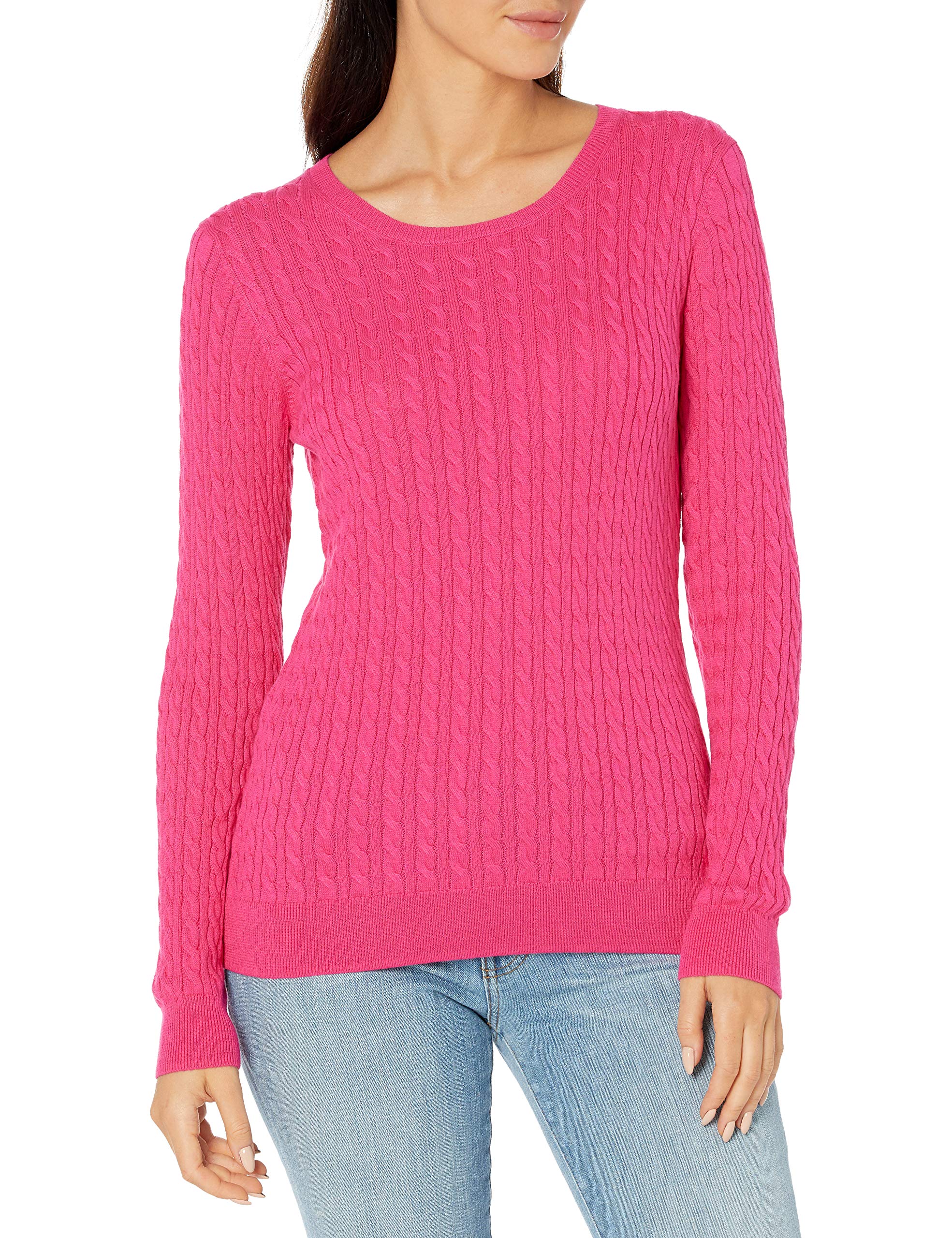 Amazon Essentials WoMen's Lightweight Cable Crewneck Sweater, Bright Pink, Large