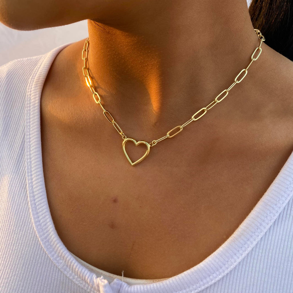 ASCOMY Dainty Gold Necklace for Women 14K Gold Plated Necklaces for Her Delicate Love Heart Necklace Paperclip Chain Heart Pendant Cute Necklaces Festival Jewelry Gift for Women