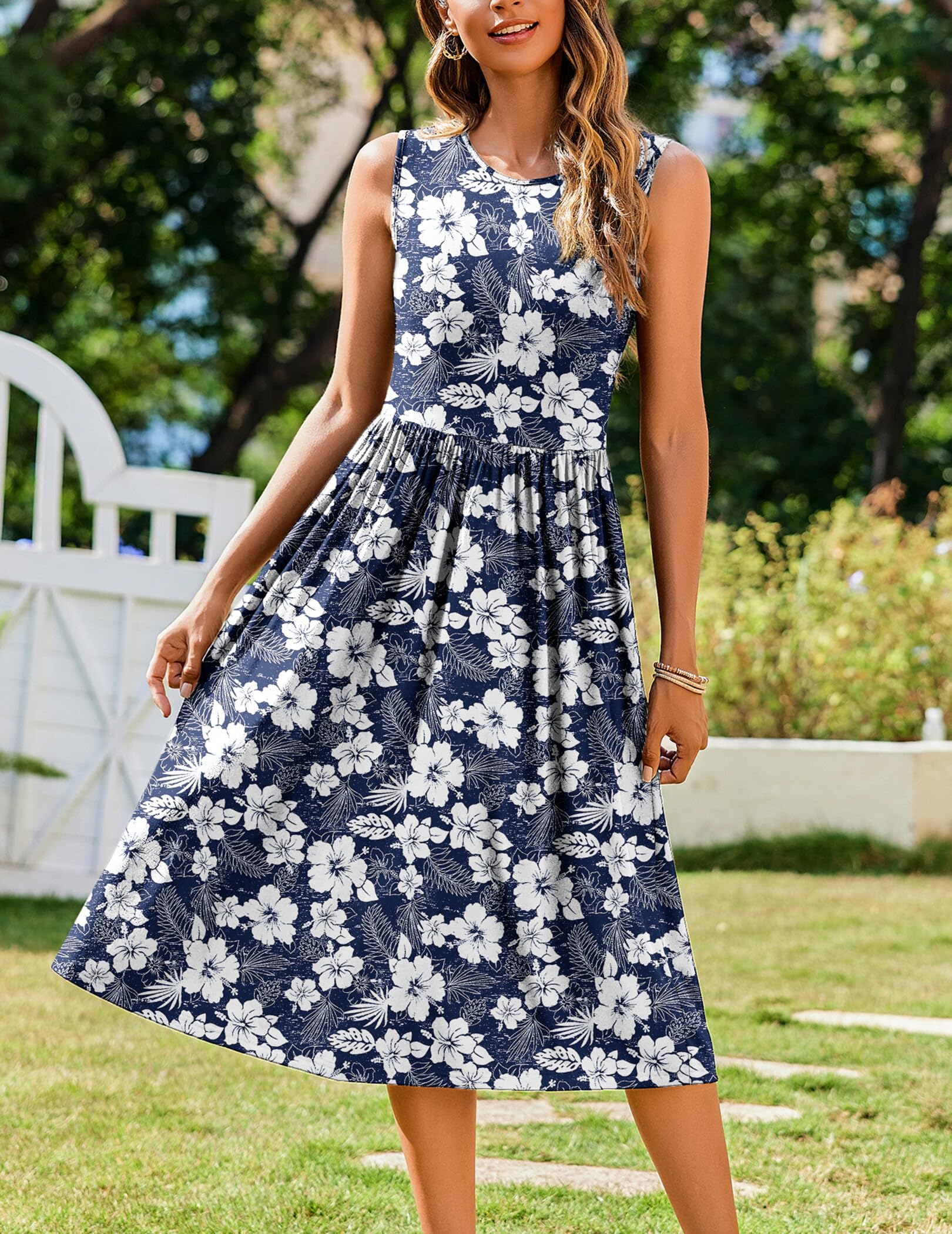 Zeagoo Midi Dresses for Women Summer Floral Aline Flowy Swing Tshirt Sundress Casual Crewneck Tiered Sleeveless Petite Tank Dress with Pockets