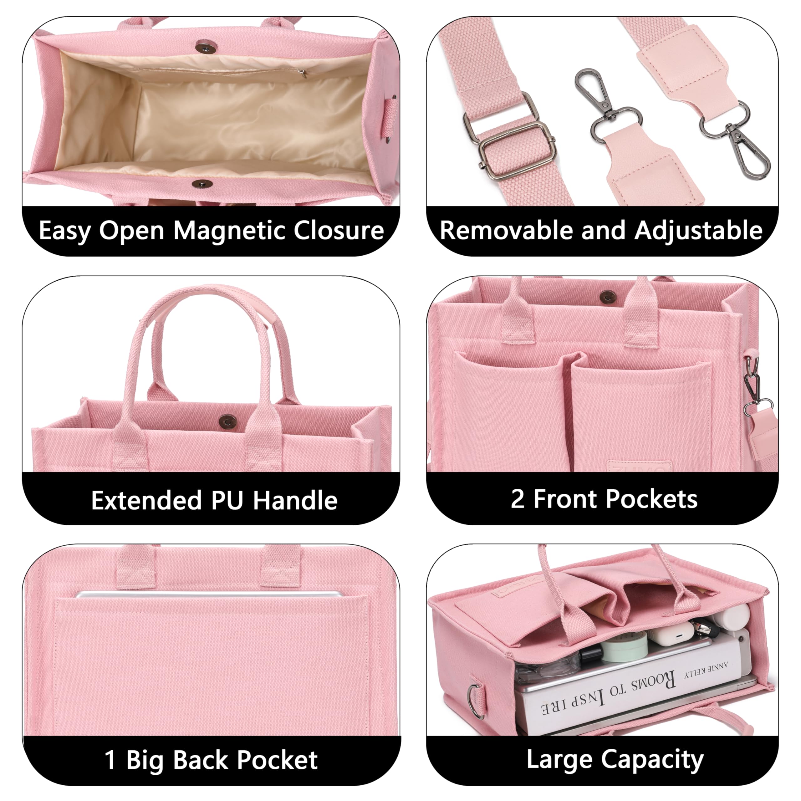 ZHMO Canvas Tote Bag for Women With Compartments and Pockets,Pink Women's Bags Crossbody Bags Work Laptop Tote Bag Large Satchels Handbag Tote Purse Everyday Shoulder Bag for Travel Nurse Teacher Gift