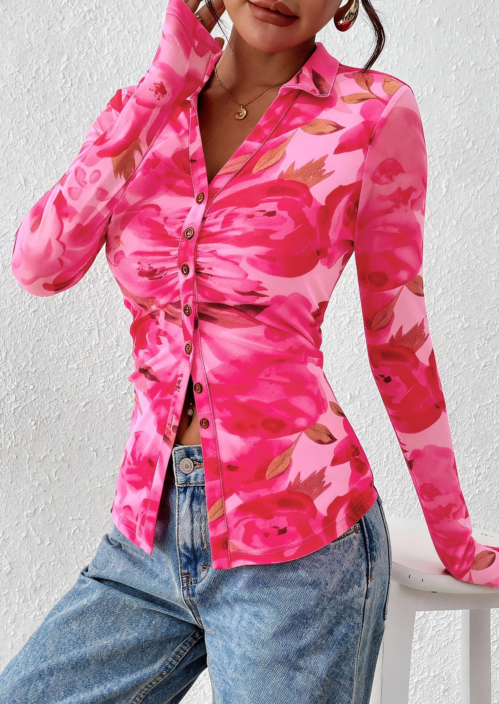 PRETTYGARDEN Women Button Down Floral Shirts 2026 Fall Trendy Long Sleeve V Neck Mesh Boho Blouse Spring Tops Date Outfits (Floral Pink,Large)
