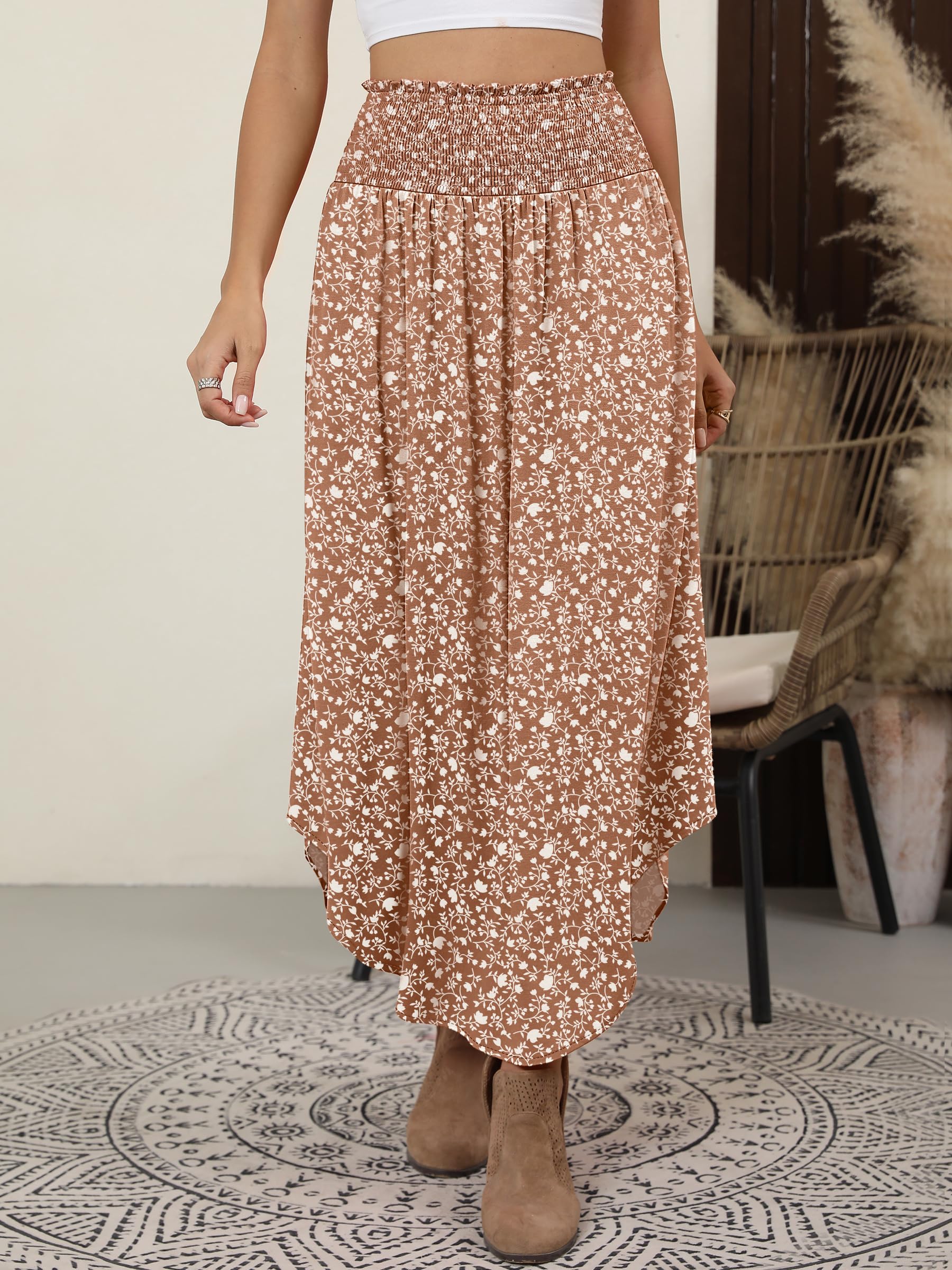 ANRABESS Women's Maxi Skirts Summer Boho Floral High Waisted Flowy Swing Pleated Beach Long Skirt with Pockets Brown Large