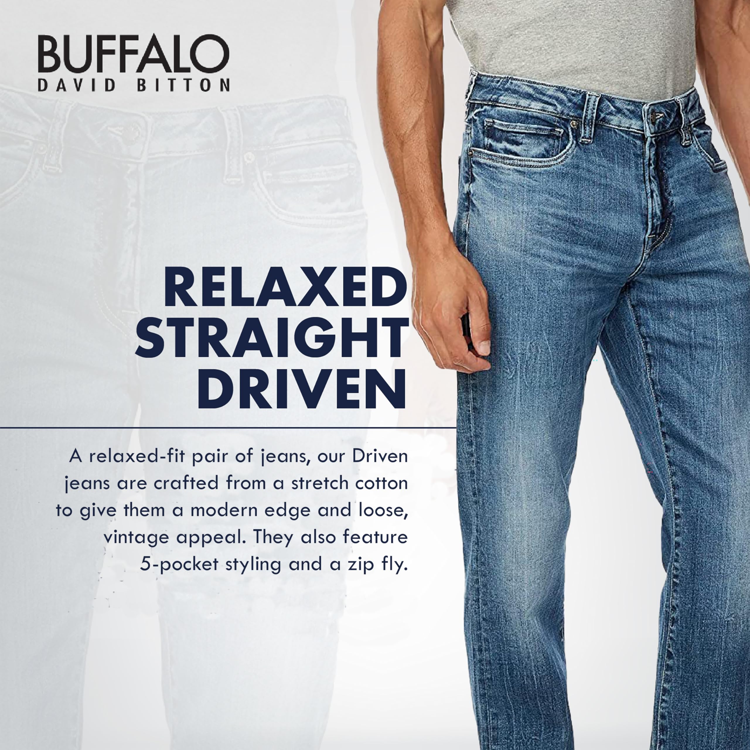 Buffalo David Bitton Men's Relaxed Straight Leg Driven Jean, Vintage Feel, 32W x 32L