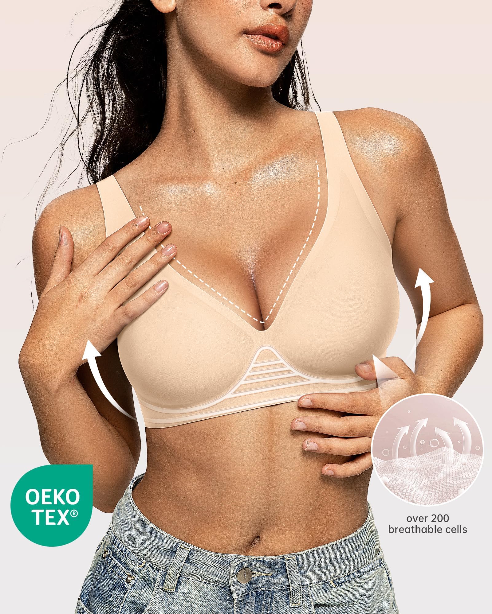 OEAK Womens Deep V Bras Wireless Comfortable Bra Supportive No Underwire Bras Tshirt Push Up Bralettes Plunge Seamless Bra Beige L