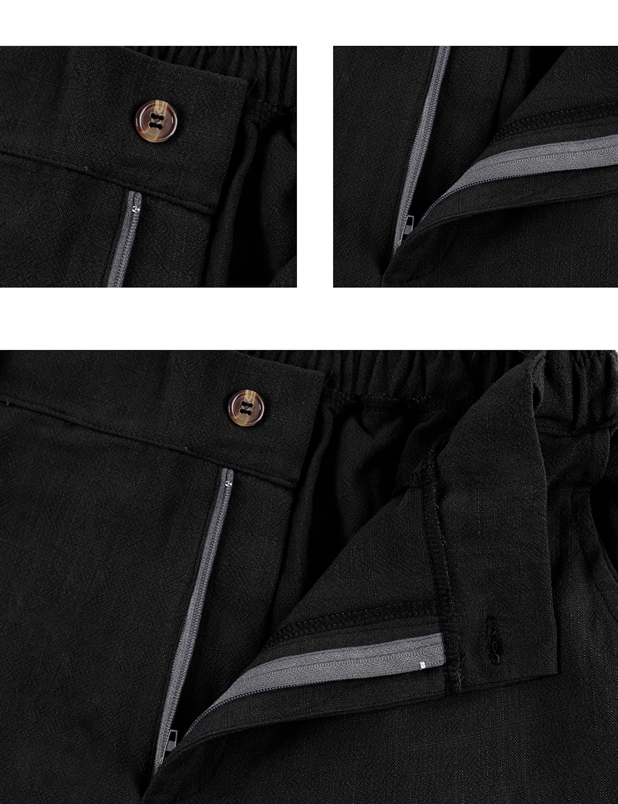 Hooever Womens Cotton Linen Pants Casual Button Up High Waisted Wide Leg Trousers(Black-Large01)