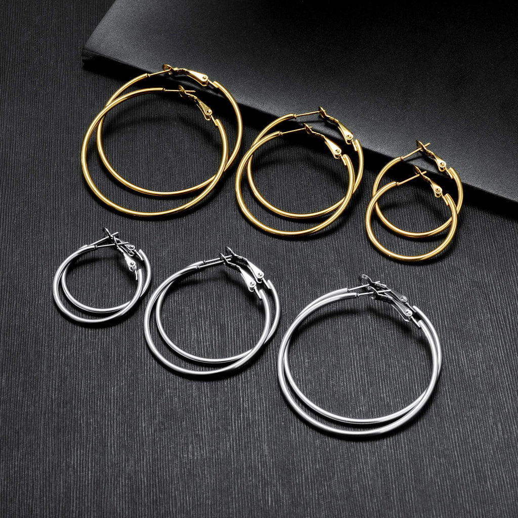 6 Pairs Gold Silver Plated Hoop Earrings for Women, Hypoallergenic Stainless Steel Gold Hoops Silver Hoop Earrings Set, Lightweight Large Small Hoops Women Earrings Loop Earrings Set