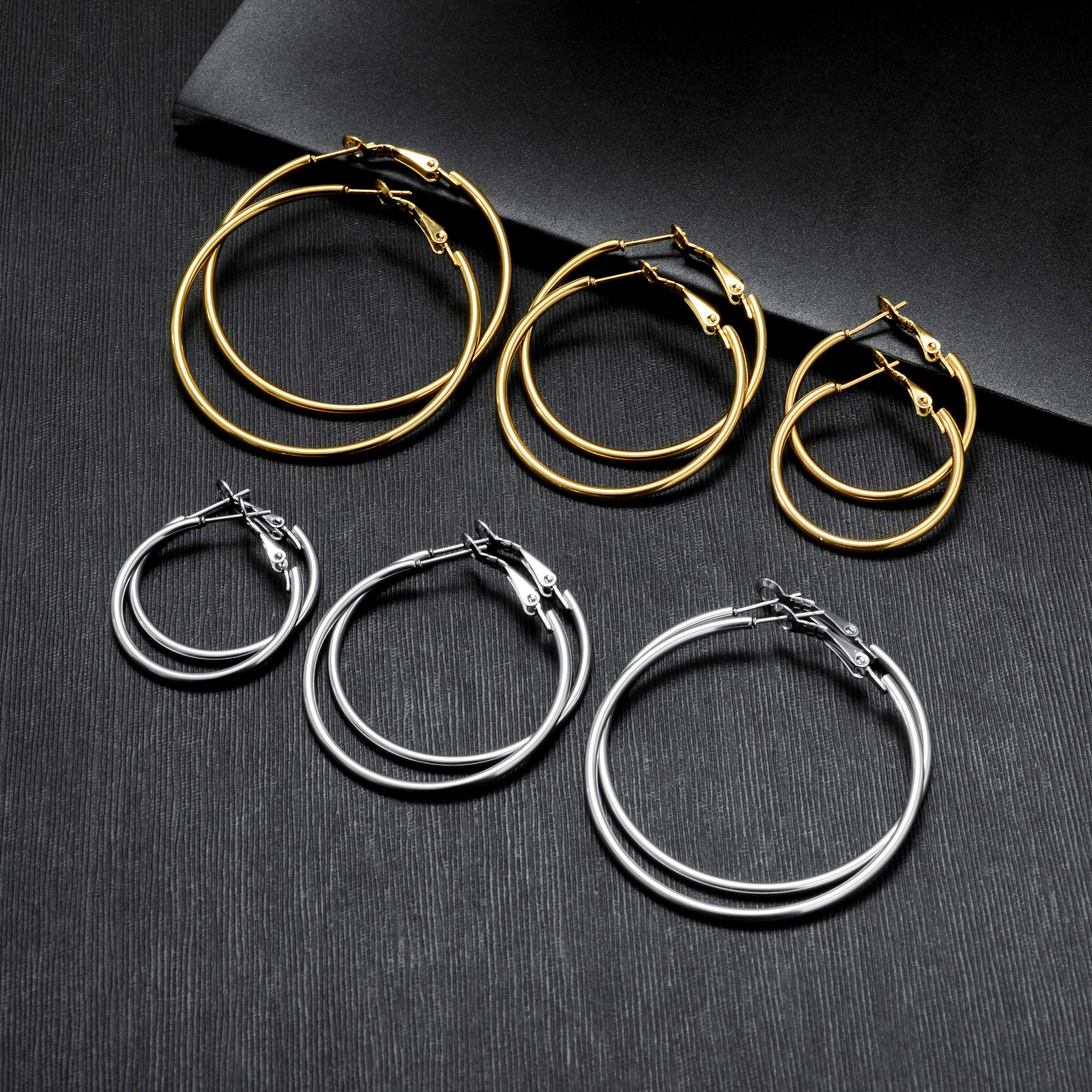 6 Pairs Gold Silver Plated Hoop Earrings for Women, Hypoallergenic Stainless Steel Gold Hoops Silver Hoop Earrings Set, Lightweight Large Small Hoops Women Earrings Loop Earrings Set