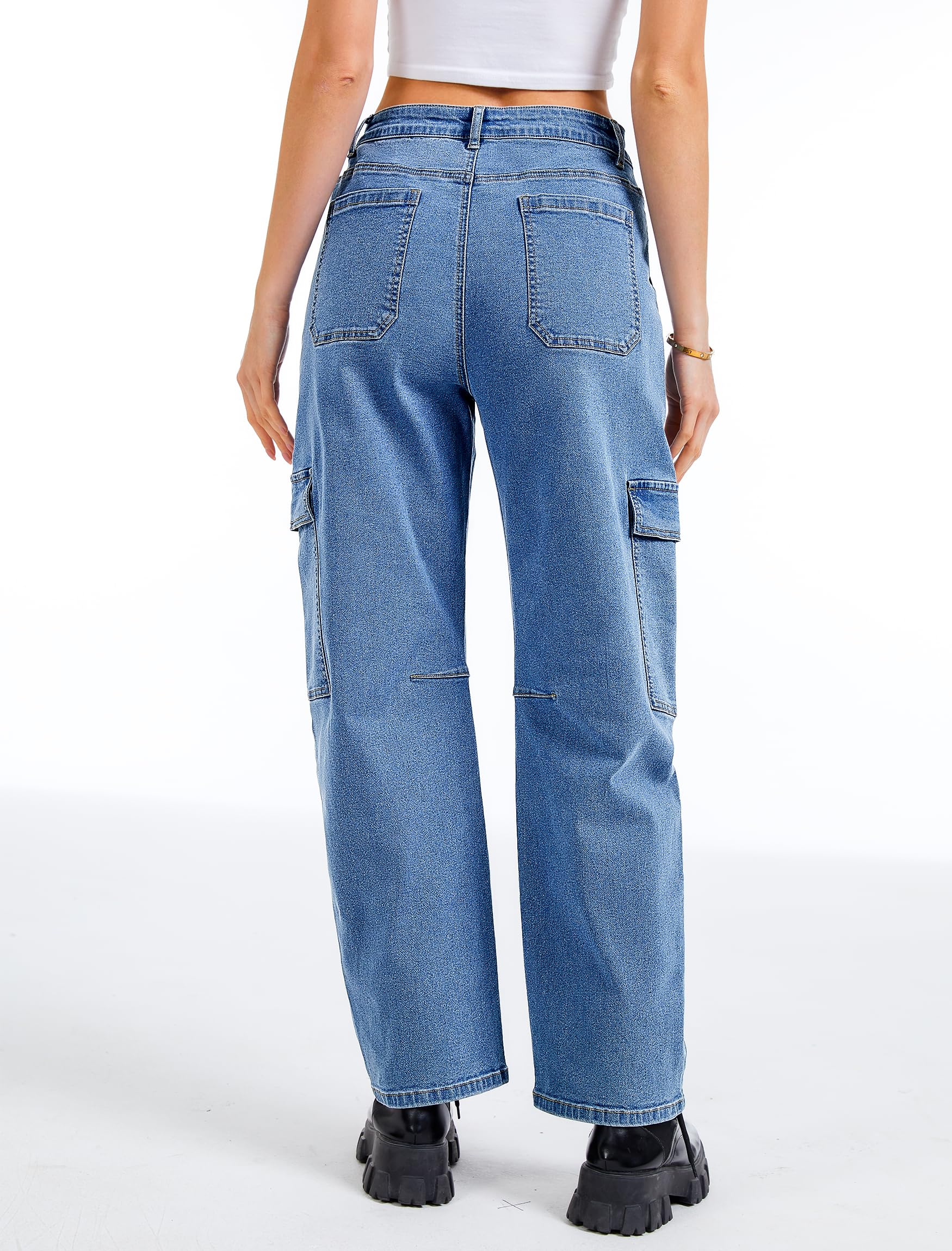 Eddoyee Barrel Jeans Women Cargo Ankle Pants Casual Wide Leg Baggy Denim Pants High Waist Trousers Stretchy with 6 Pockets(Blue Jeans, Large)