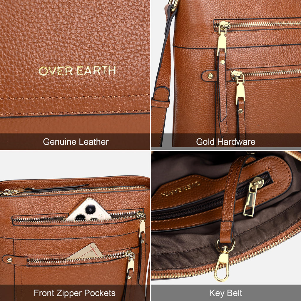 Over Earth Leather Crossbody Bags for Women Medium Shoulder Purse Multi Pocket Shoulder Handbag with Adjustable Strap(O199E Brown)
