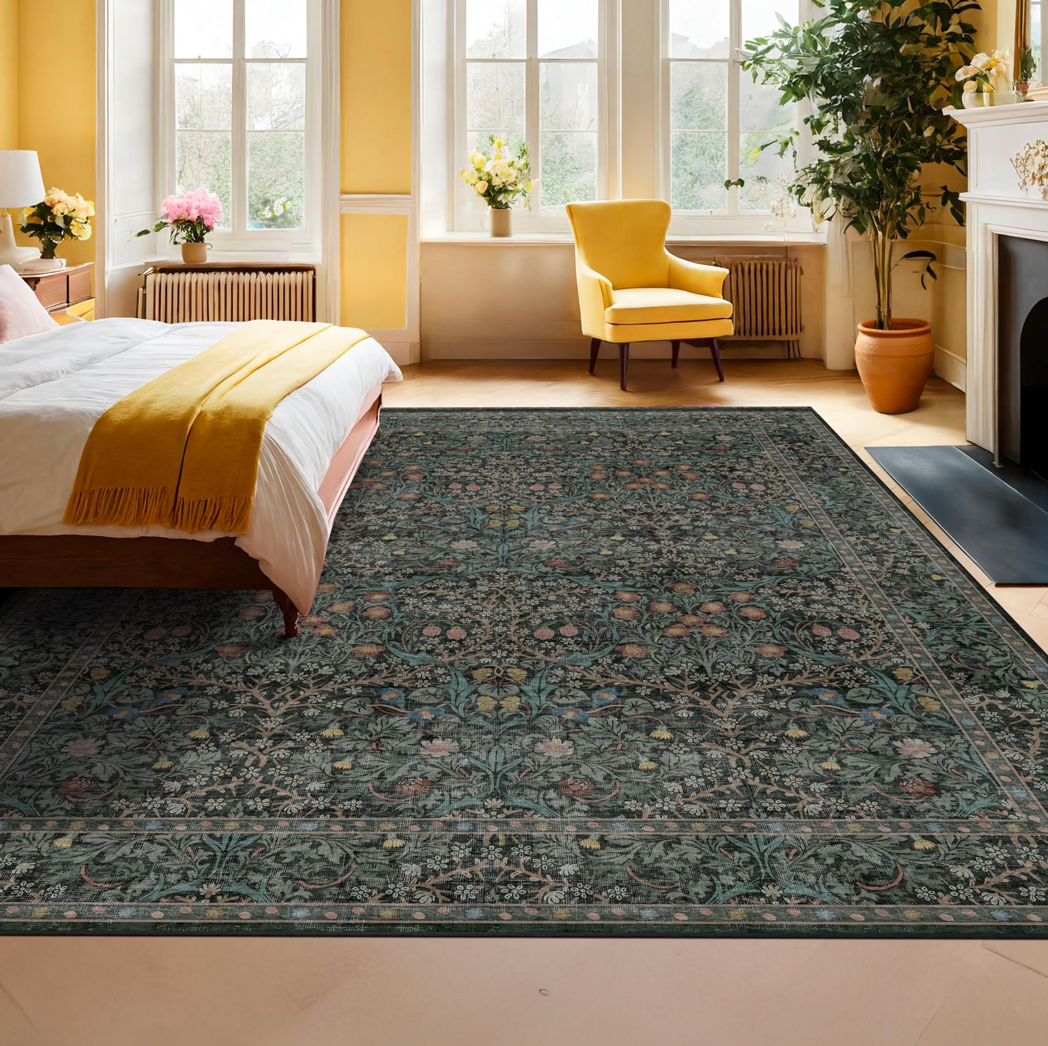 Vintage Dark Green Living Room Rug, 8x10 Washable Area Rugs for Dining Room Under Kitchen Table, Bedroom, Oriental Low Pile Stain Resistant Non-Slip Large Carpet (8x10 Dark Green)