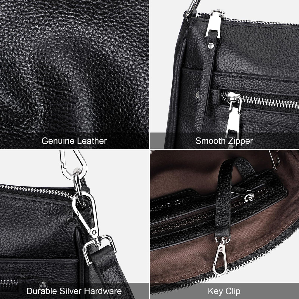 Over Earth Soft Genuine Leather Crossbody Bags for Women Medium Shoulder Purses Hobo Handbags with Multi Pockets(O190E Black)