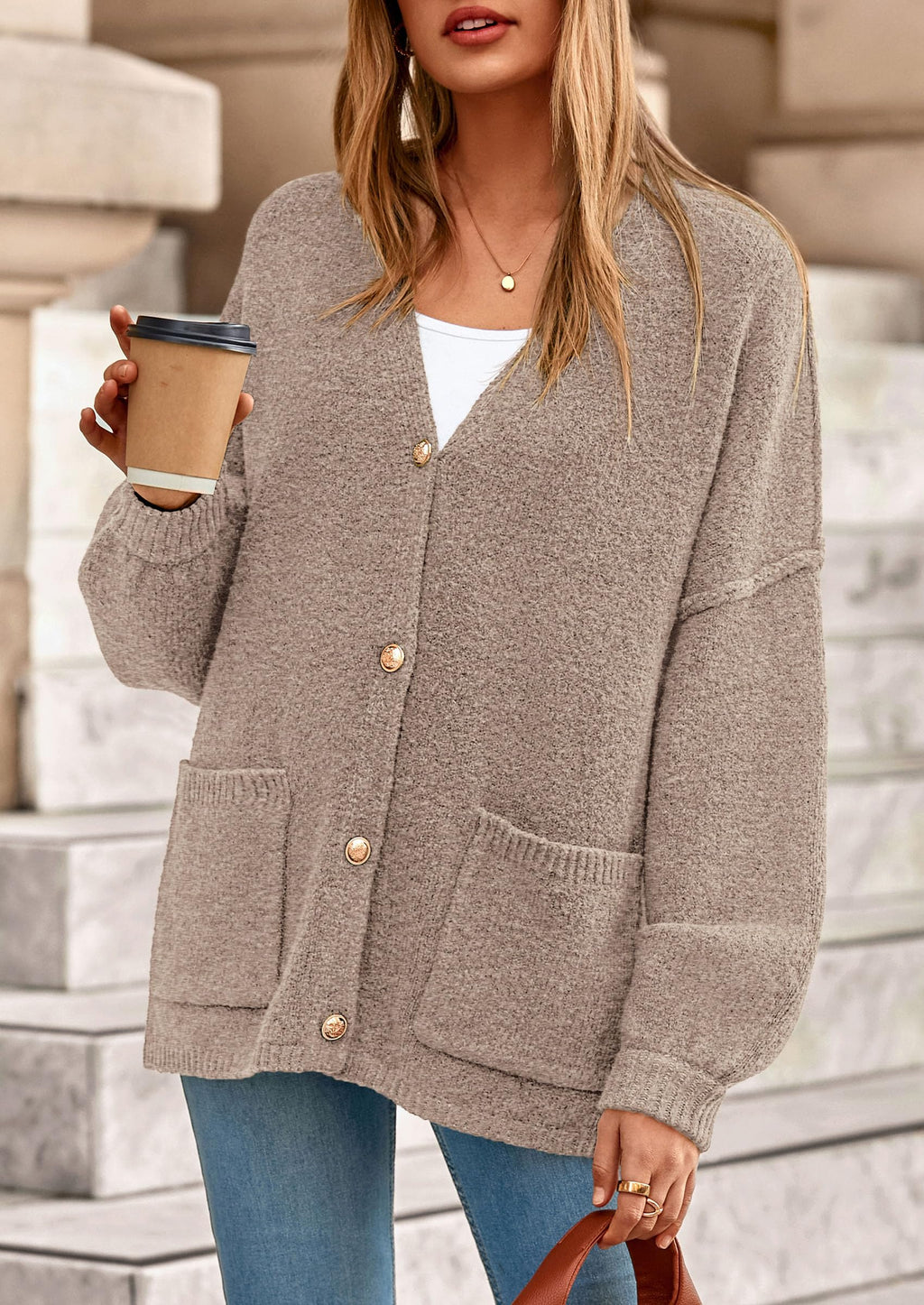 PRETTYGARDEN Fall Chunky Cardigan Sweaters for Women 2026 Button Long Lantern Sleeve Knit Oversized Coats with Pockets(Light Khaki,Medium)