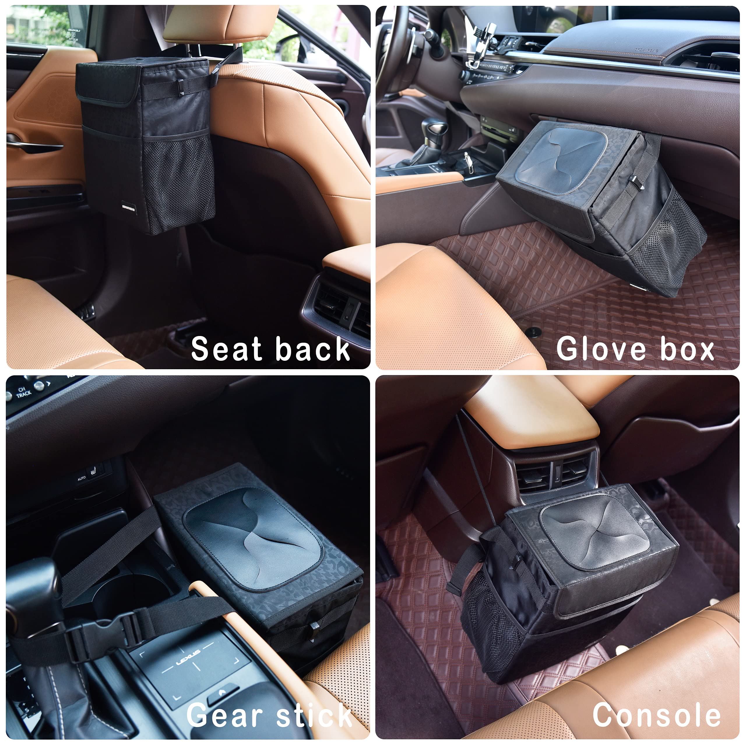 SIBOFUEGO Cute Car Trash Can with Lid – Multipurpose Collapsible Trash Bin for Car, Leak-Proof Organizer, Waterproof Garbage Can with Storage Pockets & Adjustable Straps, 2 Gallons (Black Leopard)