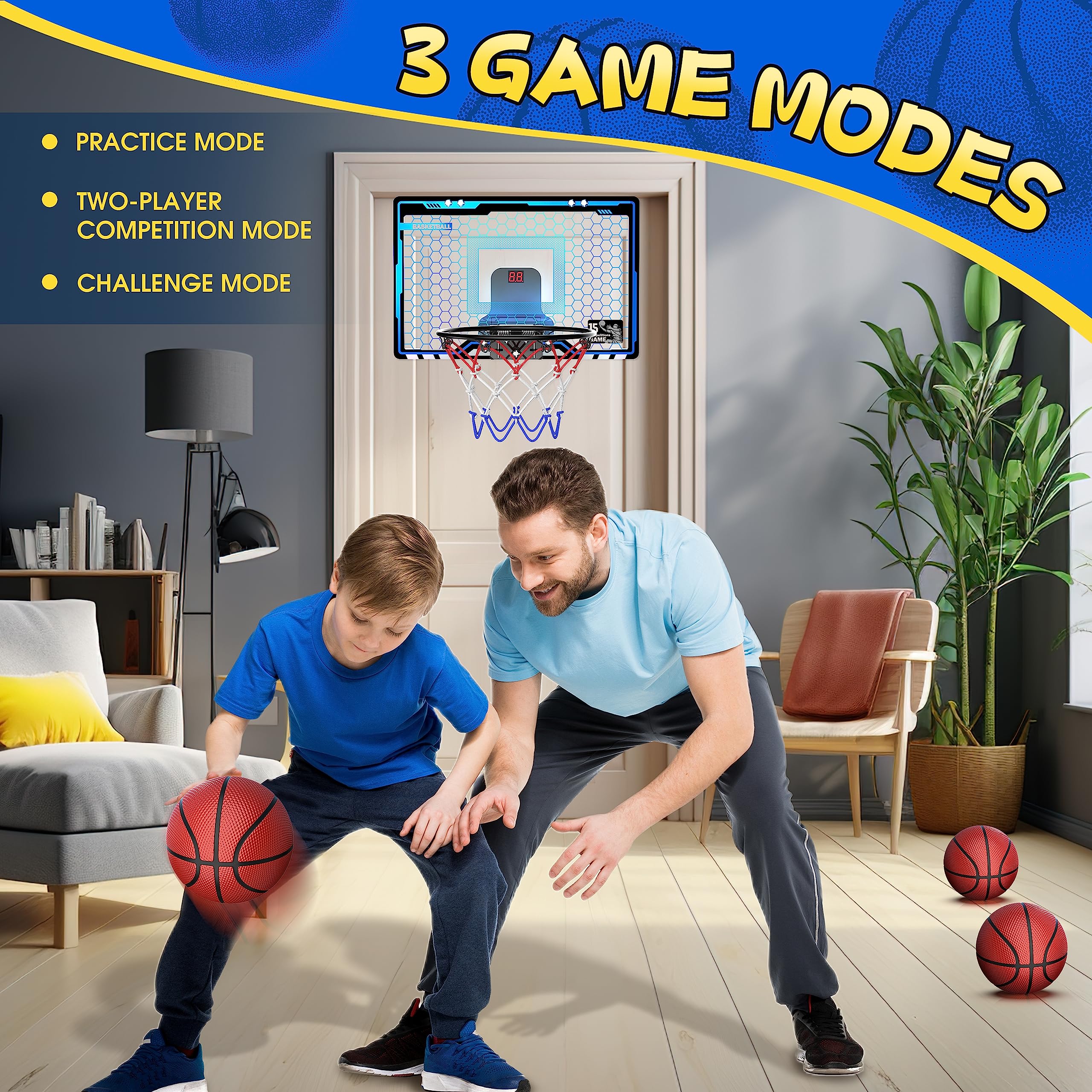 HopeRock Indoor Mini Basketball Hoop for Kids, Basketball Hoops Over The Door with LED Lighting, Mini Hoop with Scoreboard & 3 Balls, Basketball Toys Gifts for 5 6 7 8 9 10 11 12 Year Old Boys Girls