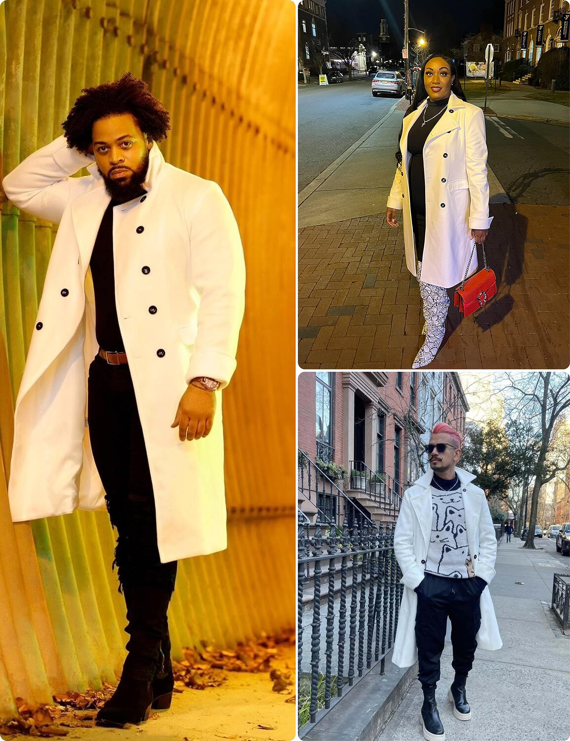 Springrain Men's Pea Coat Double Breasted Overcoat Lapel Coat Classic Long Trench Coat(White-S)