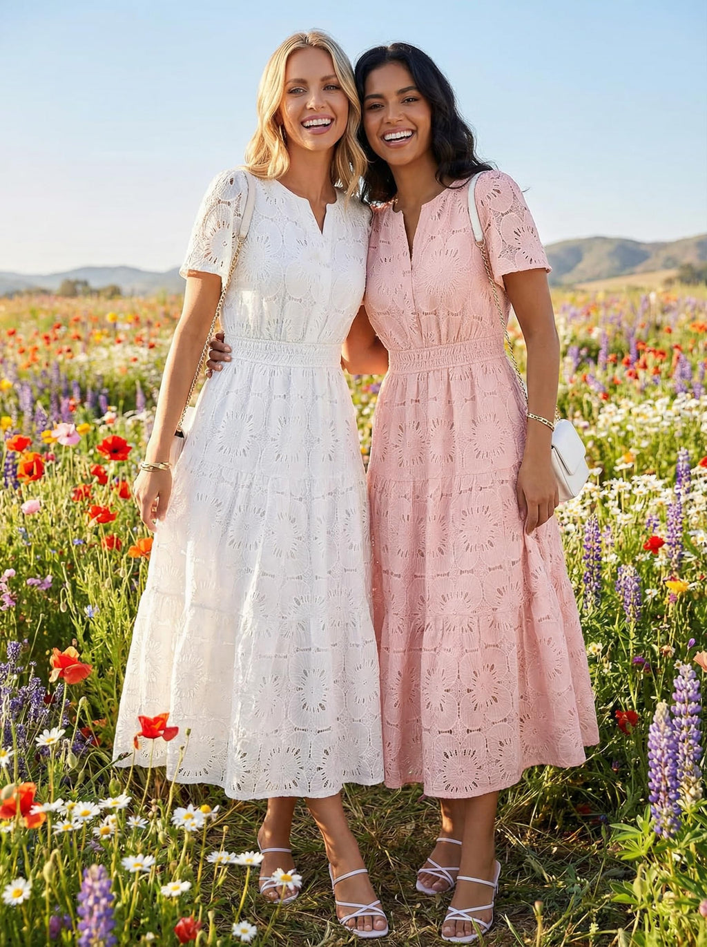 MEROKEETY Women's Summer Floral Maxi Dress 2026 Spring Boho Vacation Eyelet Lace Short Sleeve A Line Tiered Flowy Dresses, White, Medium