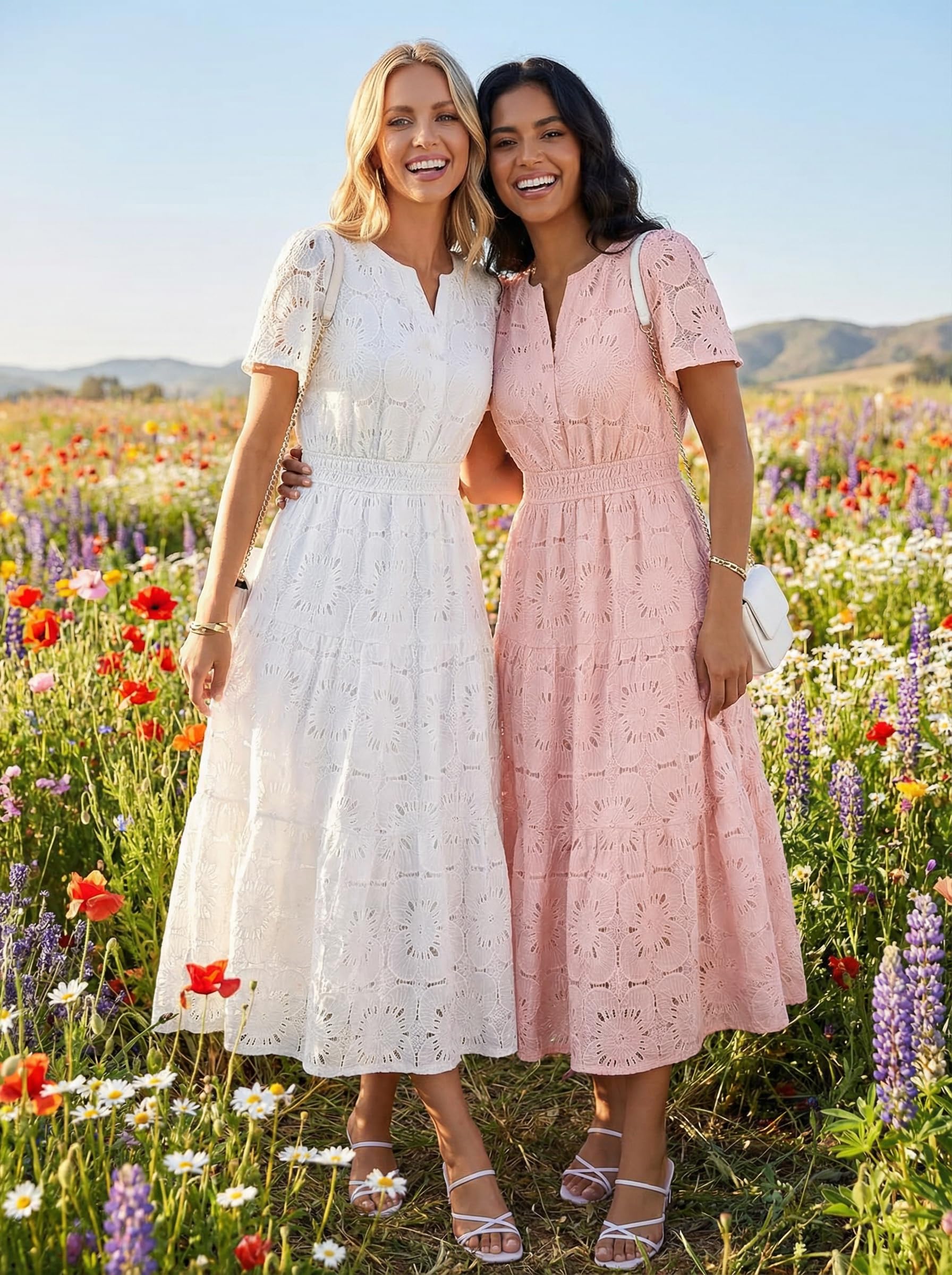 MEROKEETY Women's Summer Floral Maxi Dress 2026 Spring Boho Vacation Eyelet Lace Short Sleeve A Line Tiered Flowy Dresses, White, Medium