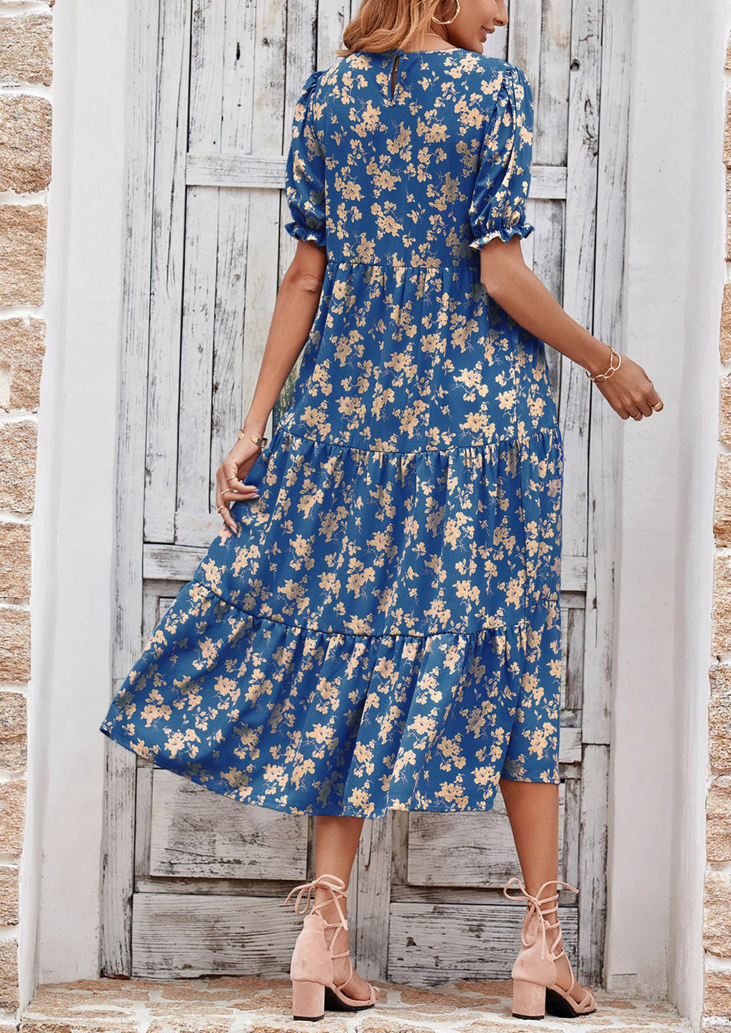 PRETTYGARDEN Summer Dresses for Women 2025 Casual Floral Boho Midi Sun Dress Puff Short Sleeve Flowy Beach Vacation Sundress (Blue Apricot,Medium)