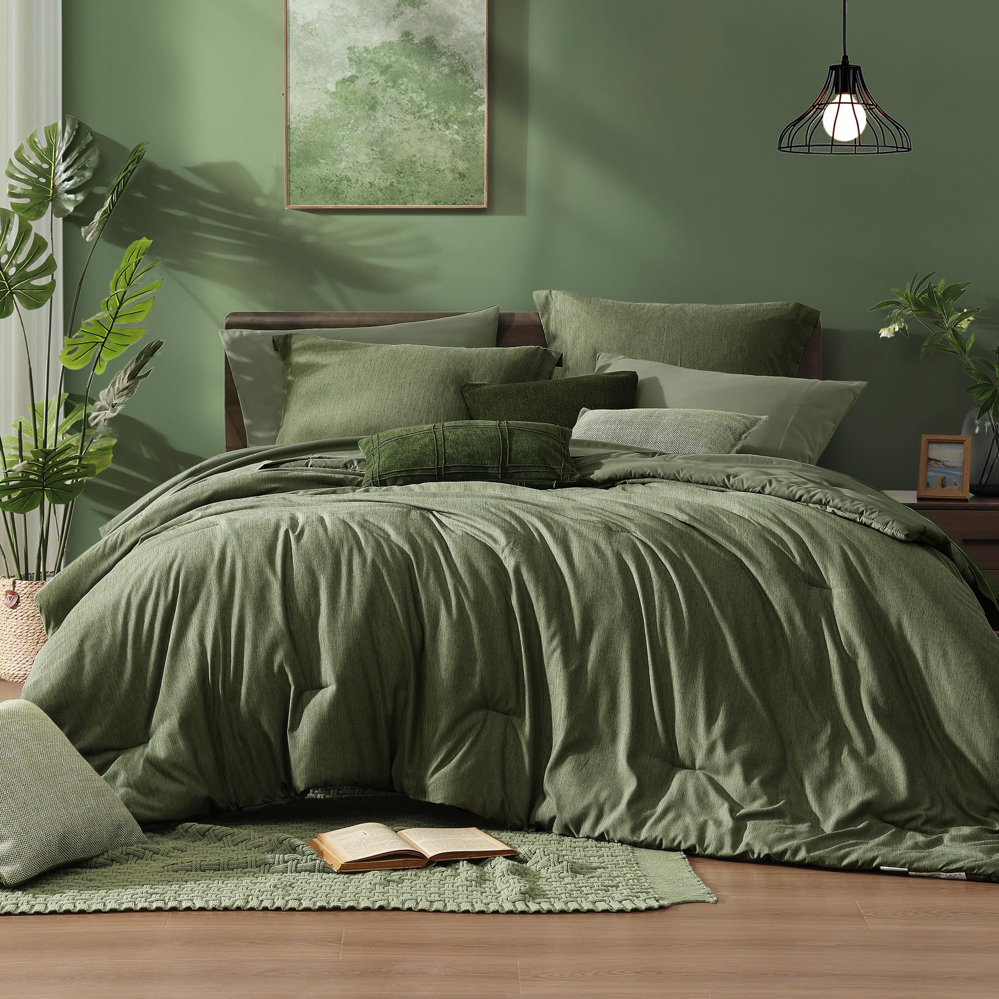 Monbix King Size Comforter Set, Olive Green King Bed Set Reversible, King Size Comforter Set 7 Pieces, Cationic Dyeing Bed in a Bag with Comforter, Sheets, Pillowcases & Shams